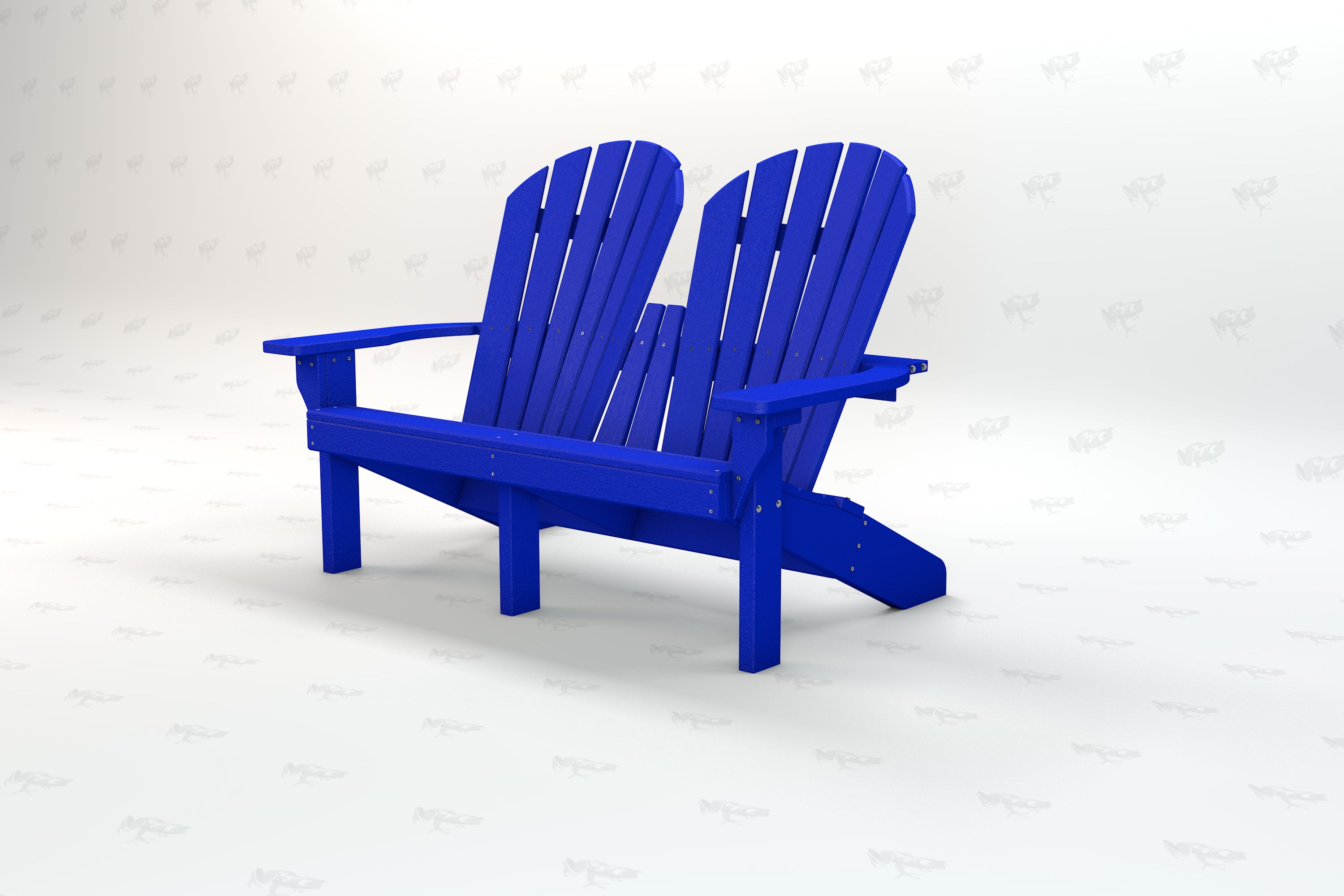 Blue recycled plastic Adirondack love seat with two contoured seats and armrests, classic outdoor chair design.