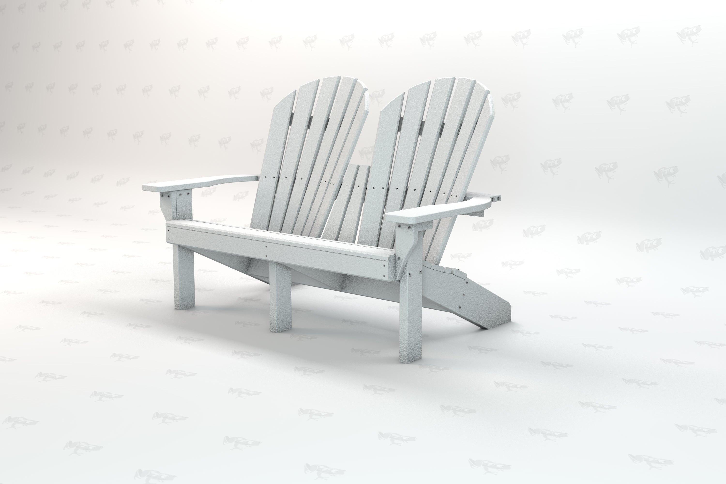 White recycled plastic Adirondack love seat with two contoured seats and wide armrests, classic outdoor design
