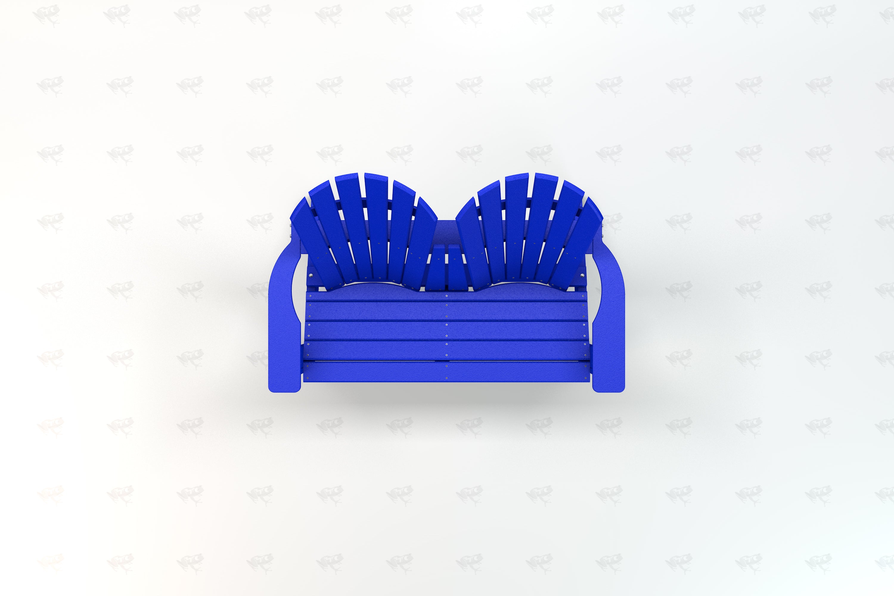 Overhead view of a blue recycled plastic Adirondack love seat with slatted design and curved armrests