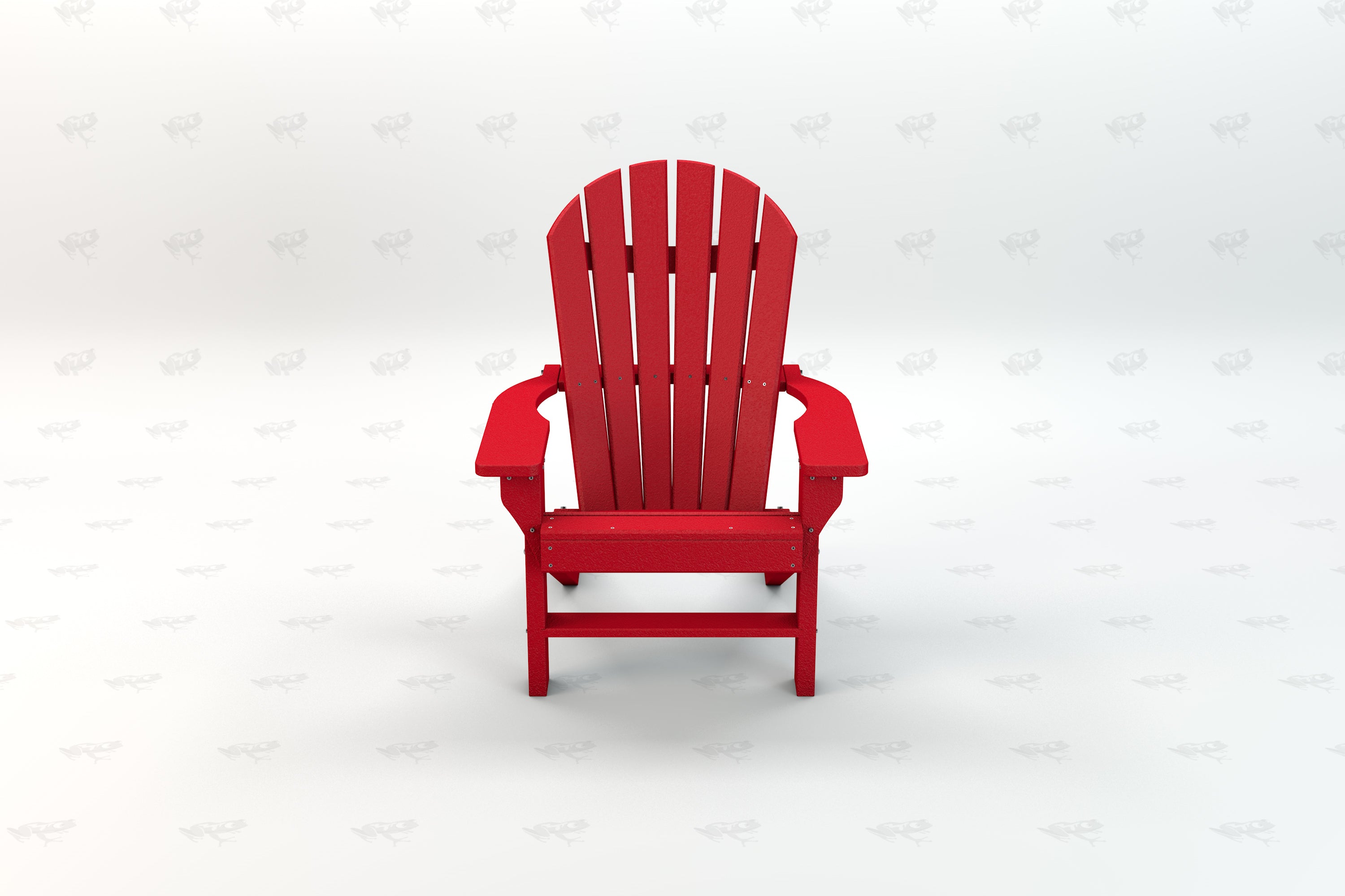 Red recycled plastic Adirondack chair with wide armrests and slatted back, front view on neutral surface