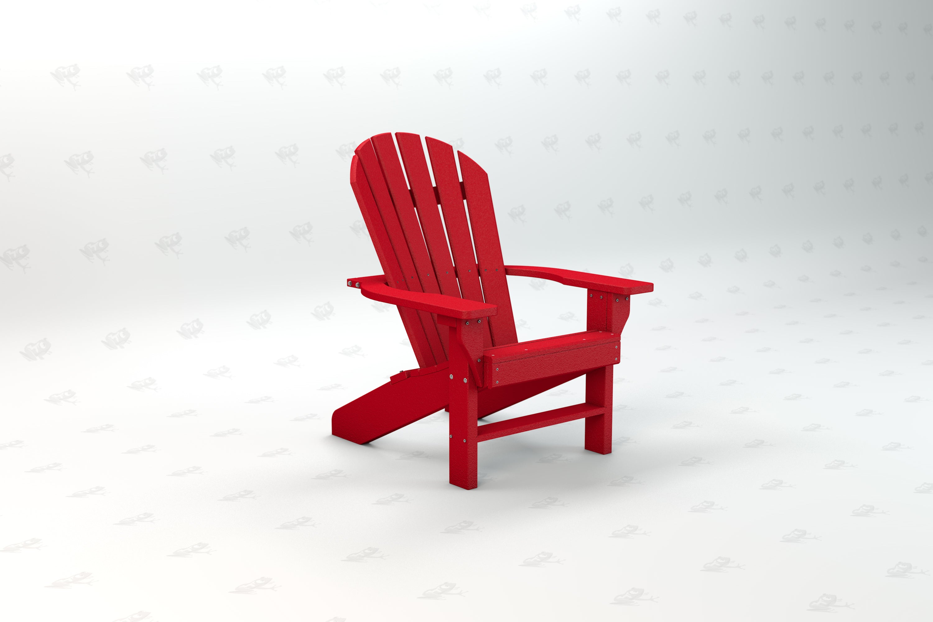 Red recycled plastic Adirondack chair with slatted back and wide armrests, angled view