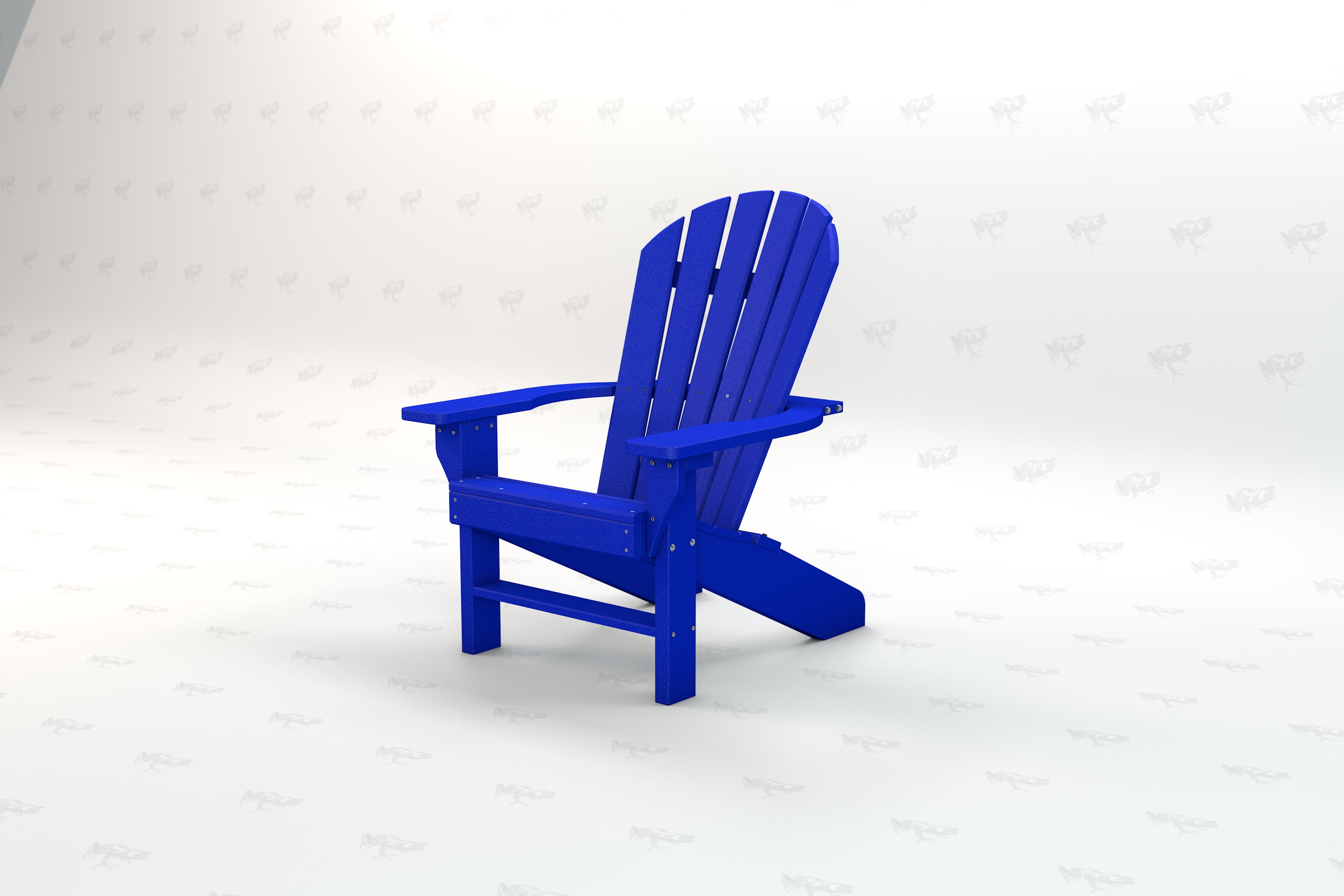 Blue recycled plastic Adirondack chair with slatted back and wide armrests, angled view, outdoor seating