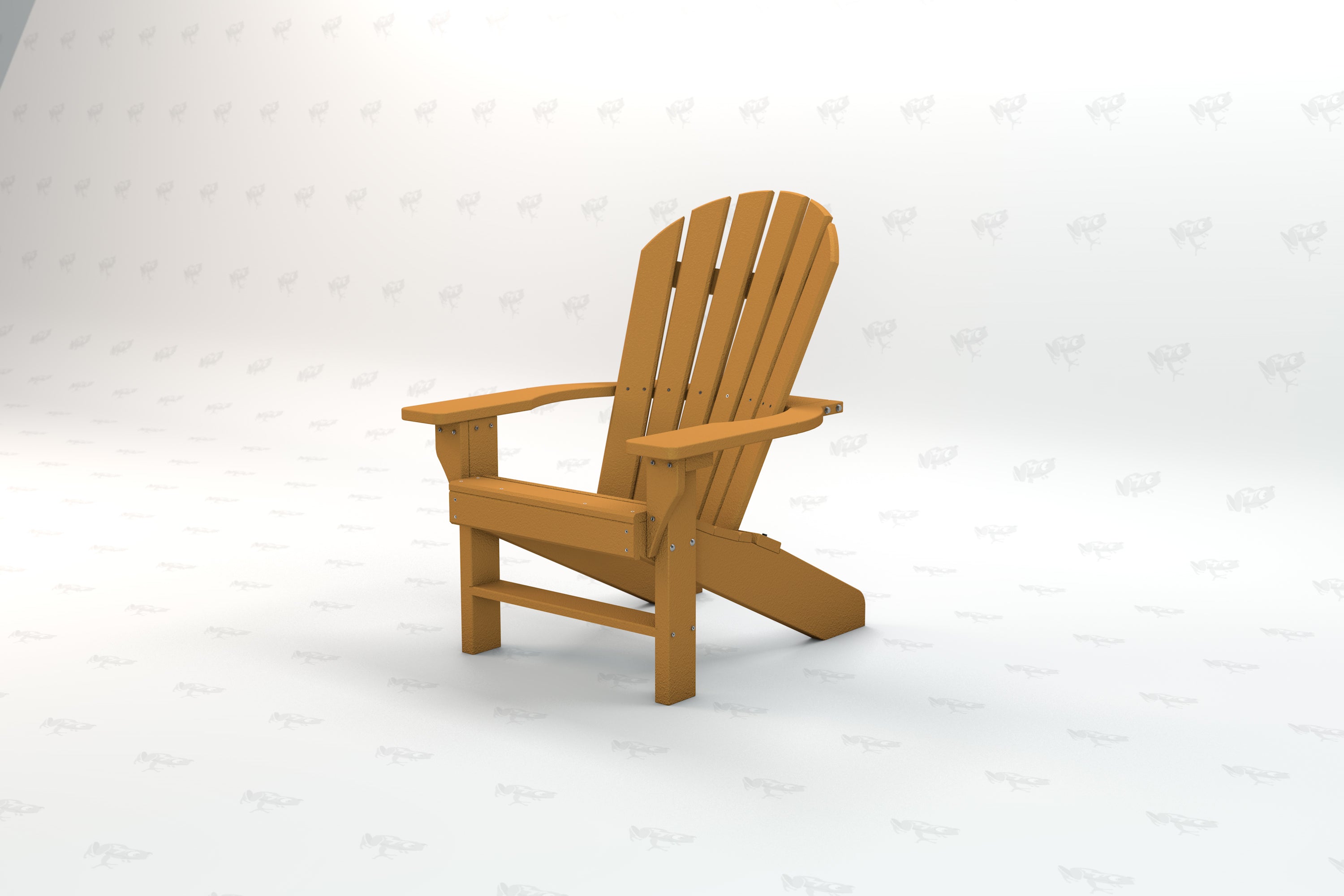 Classic cedar-colored recycled plastic Adirondack chair with wide armrests and slatted backrest for outdoor use