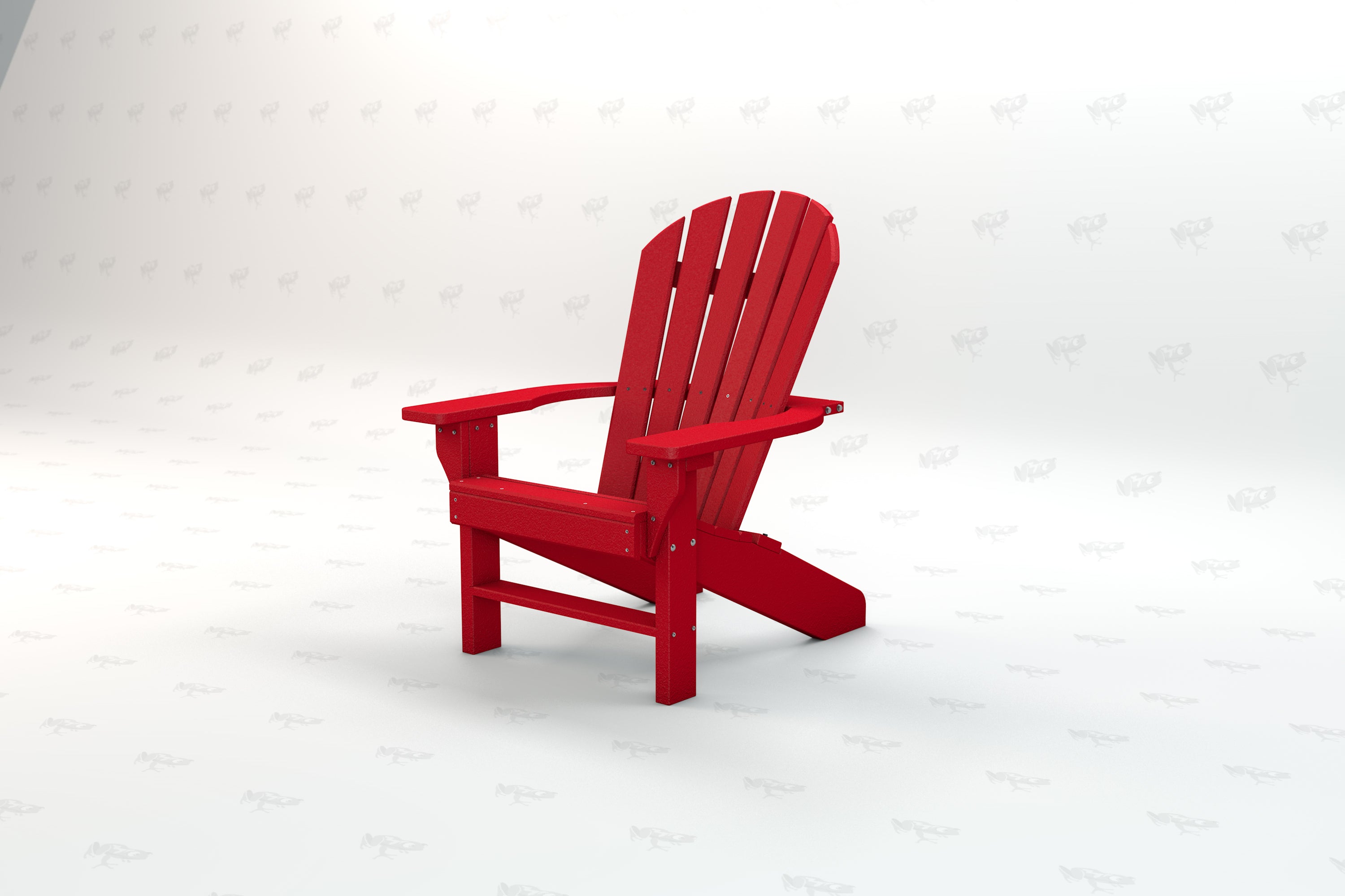 Red recycled plastic Adirondack chair with slatted back and wide armrests, angled view on plain surface