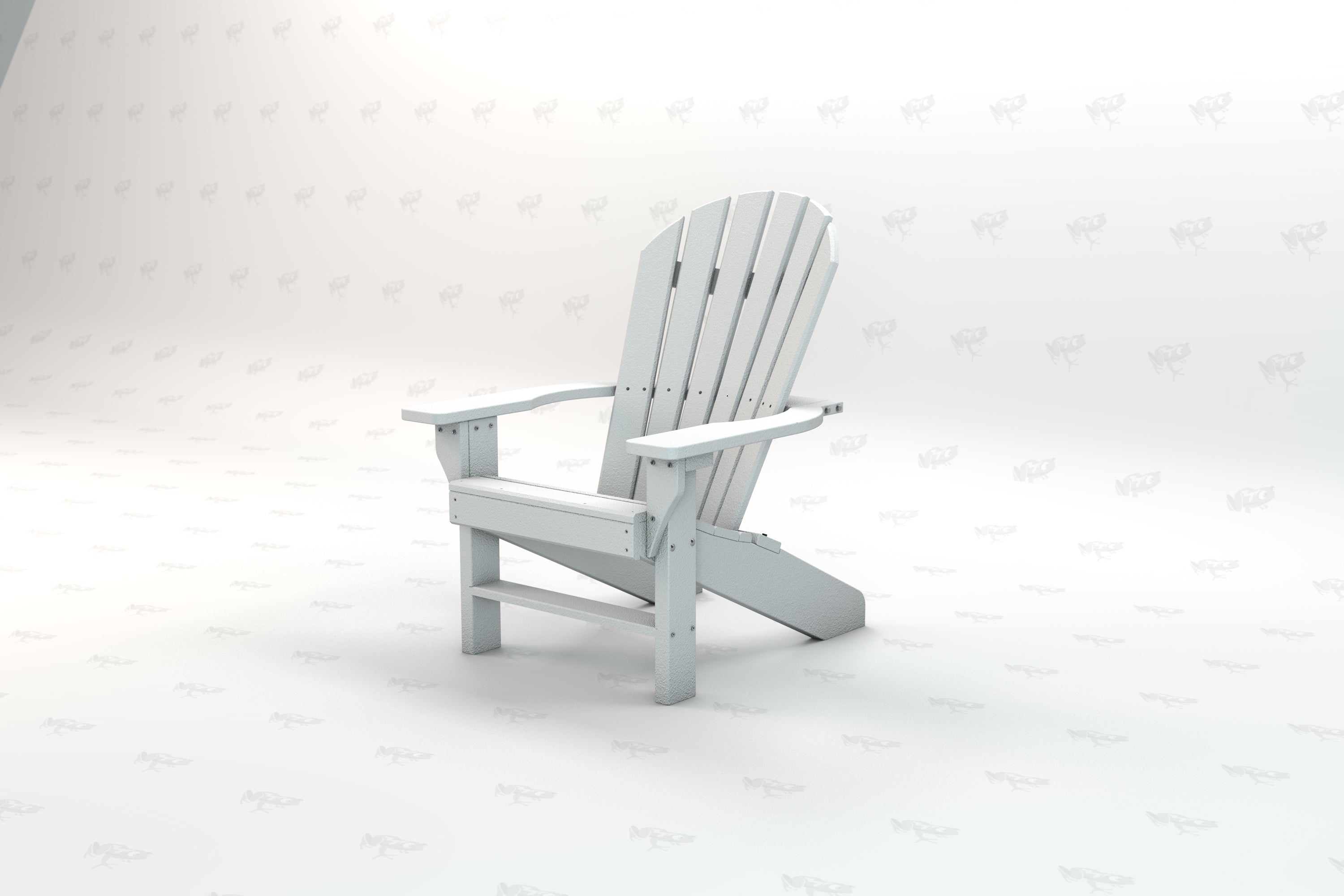 White recycled plastic Adirondack chair with slatted back and wide armrests, angled side view, outdoor seating