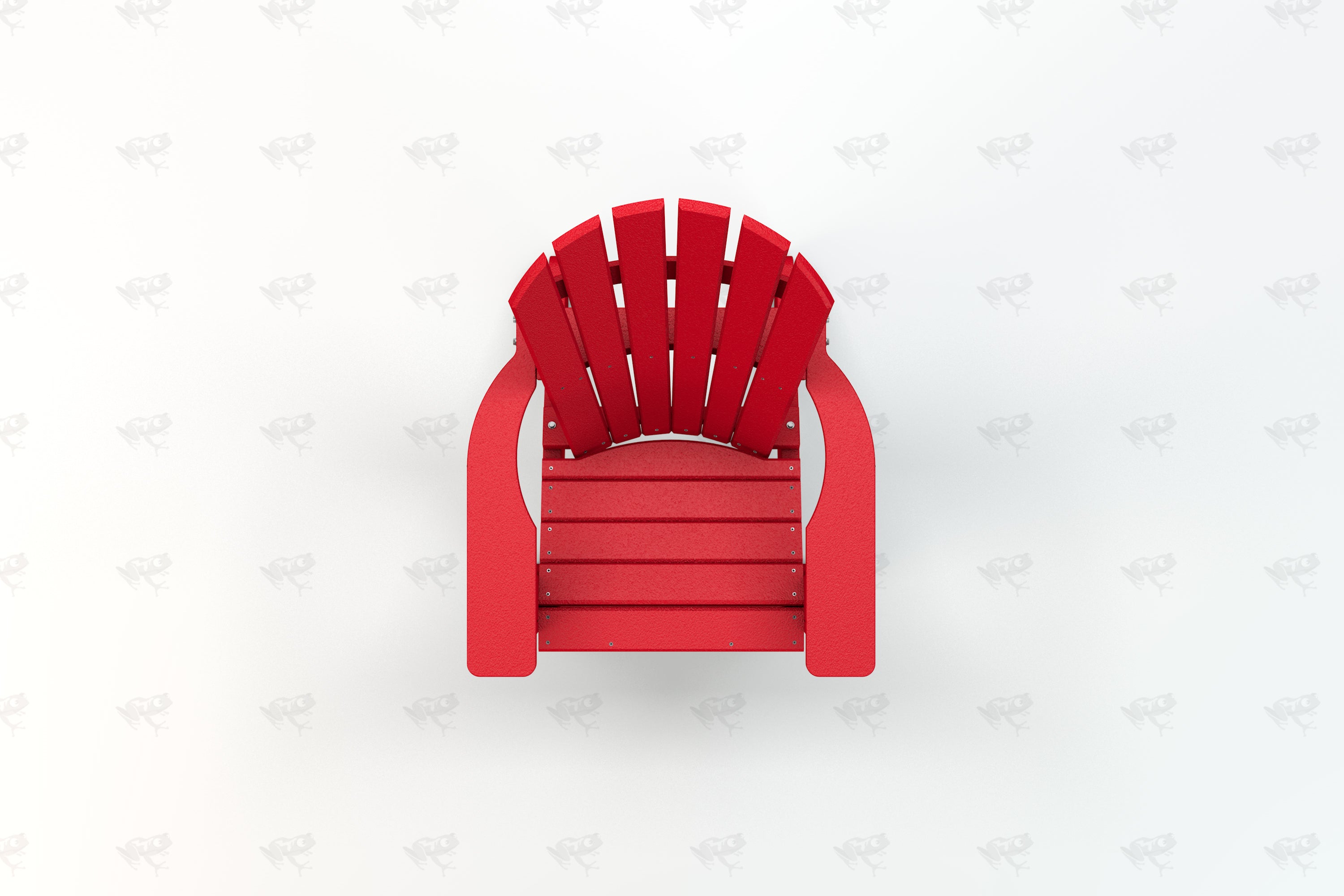 Overhead view of a red recycled plastic Adirondack chair with wide armrests and slatted back and seat