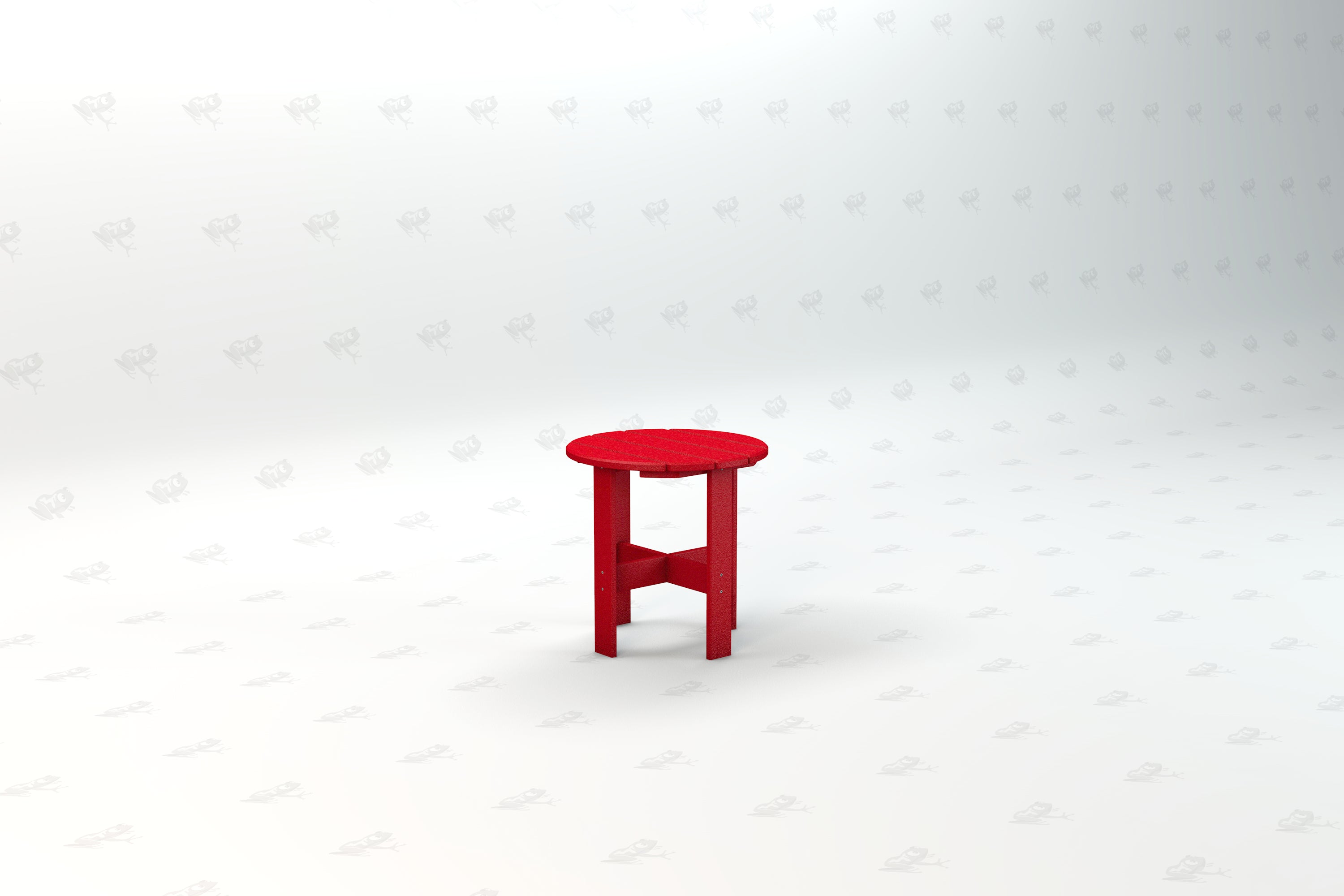 Red recycled plastic outdoor side table with round slatted top and cross-braced legs, ideal for patio or garden use