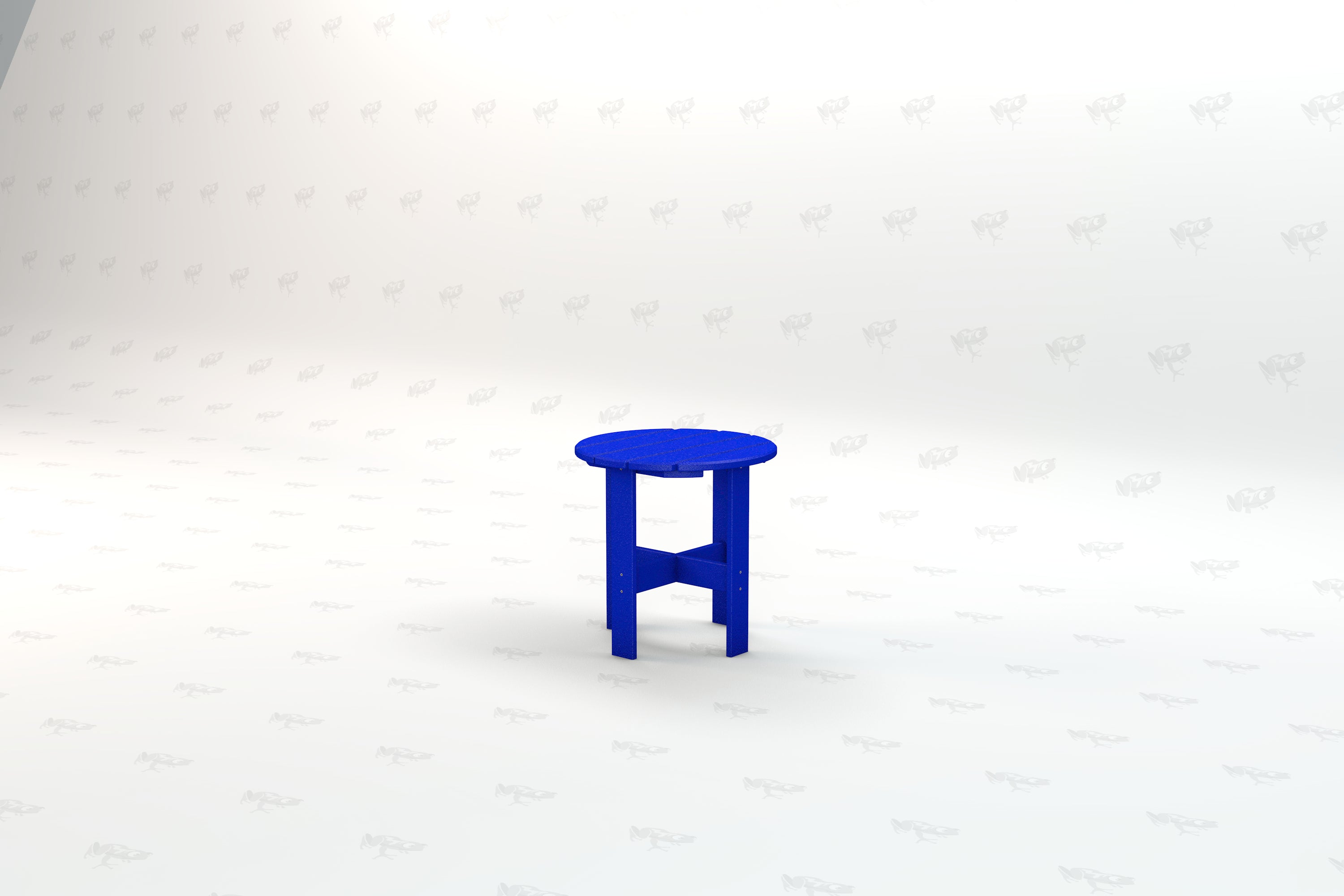 Blue recycled plastic outdoor side table with round slatted top and sturdy cross-braced legs