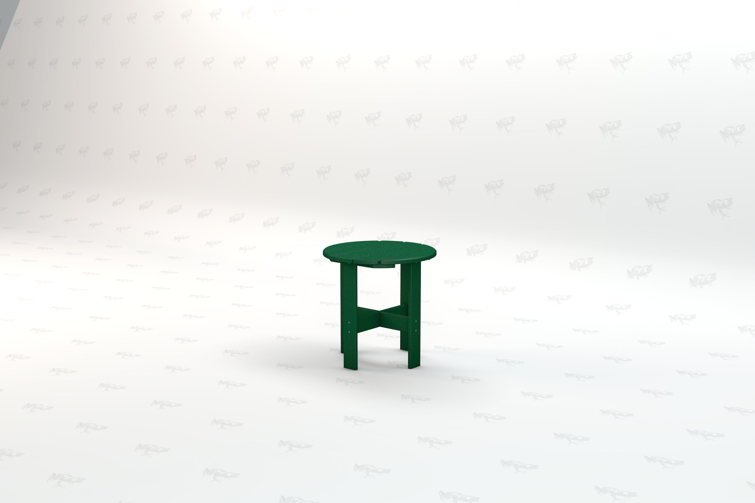 Green recycled plastic outdoor side table with round top and cross-braced legs, designed for durability and eco-friendly use.