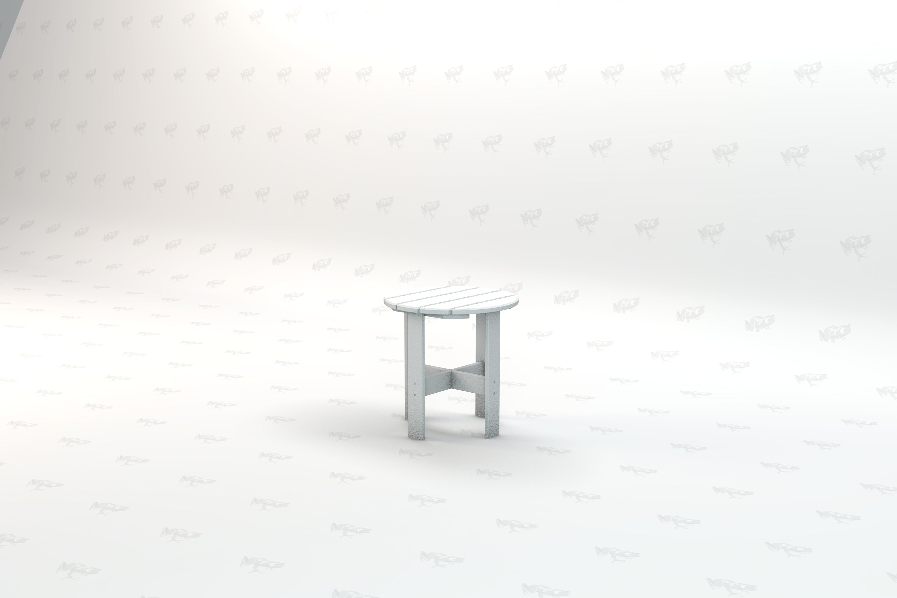 White recycled plastic outdoor side table with round slatted top and cross-braced legs