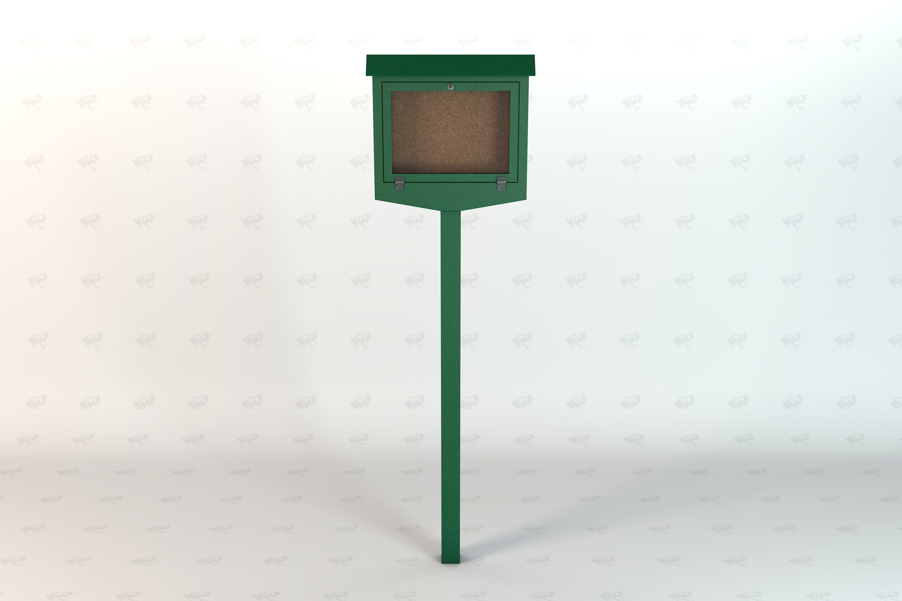 Green recycled plastic outdoor message center with hinged door and cork bulletin board on a single post for community notices