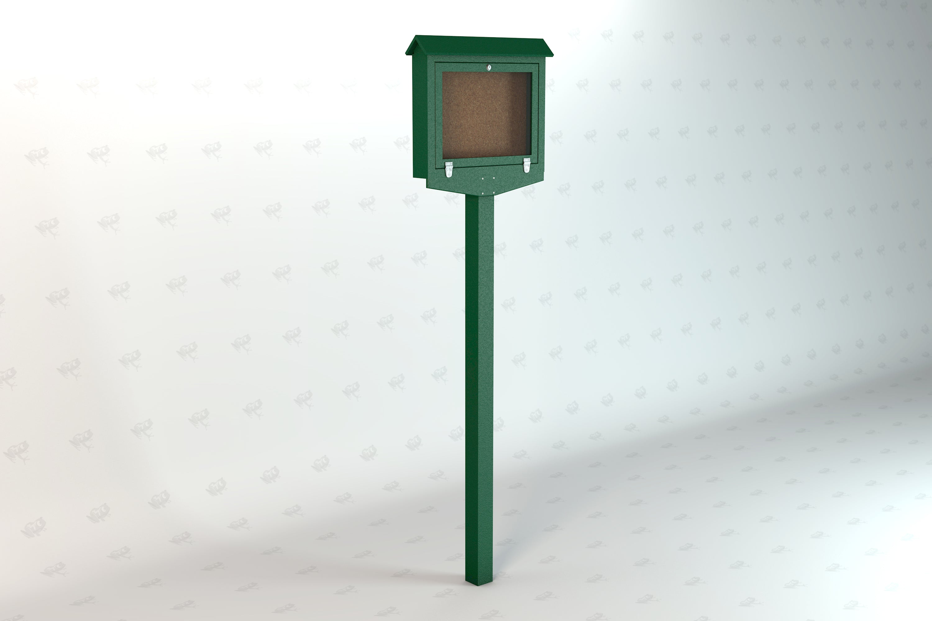Green recycled plastic outdoor message center with lockable clear hinged door mounted on a post for secure community notices