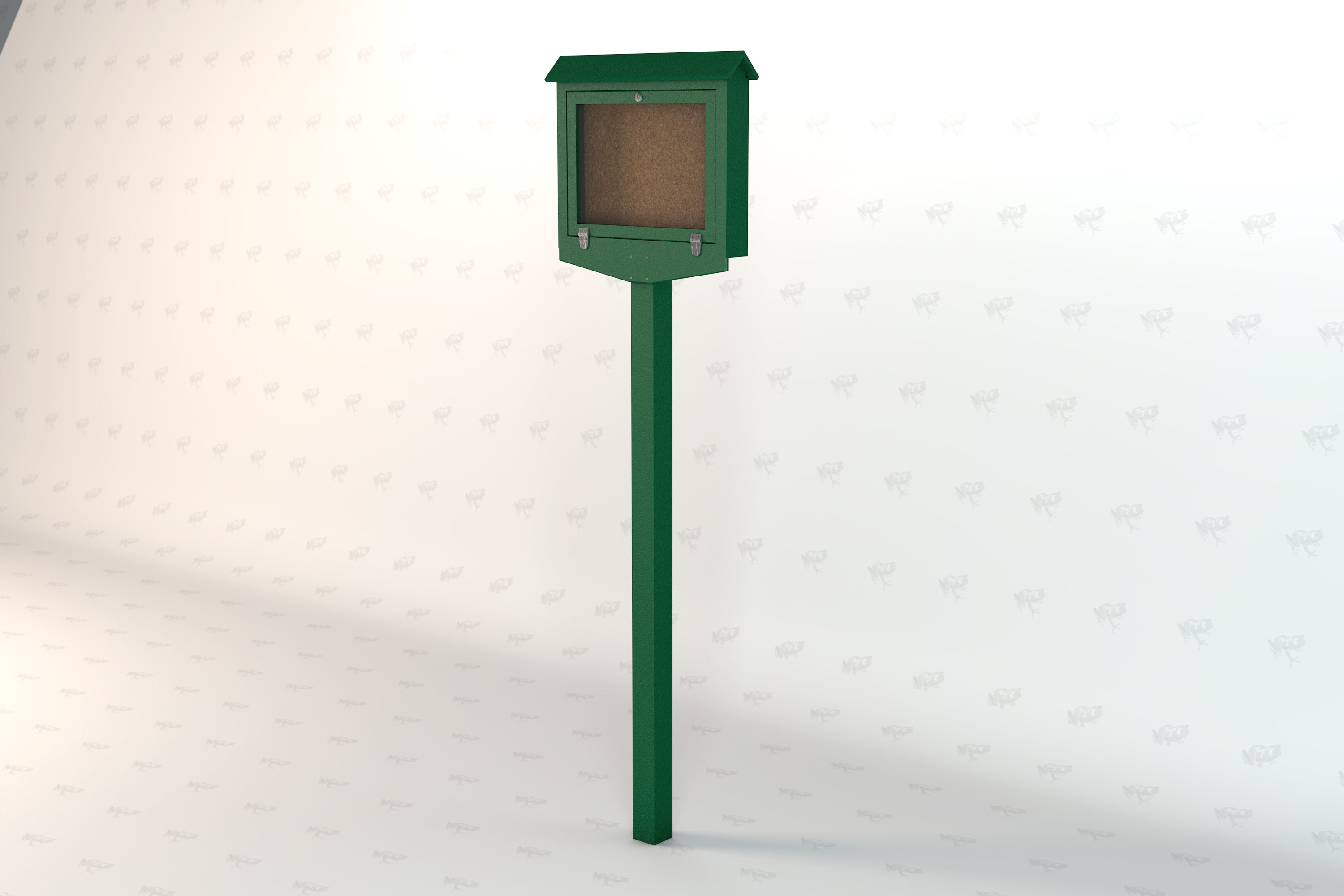Green recycled plastic hinged message center with lockable door and cork bulletin board on a single post for outdoor community use