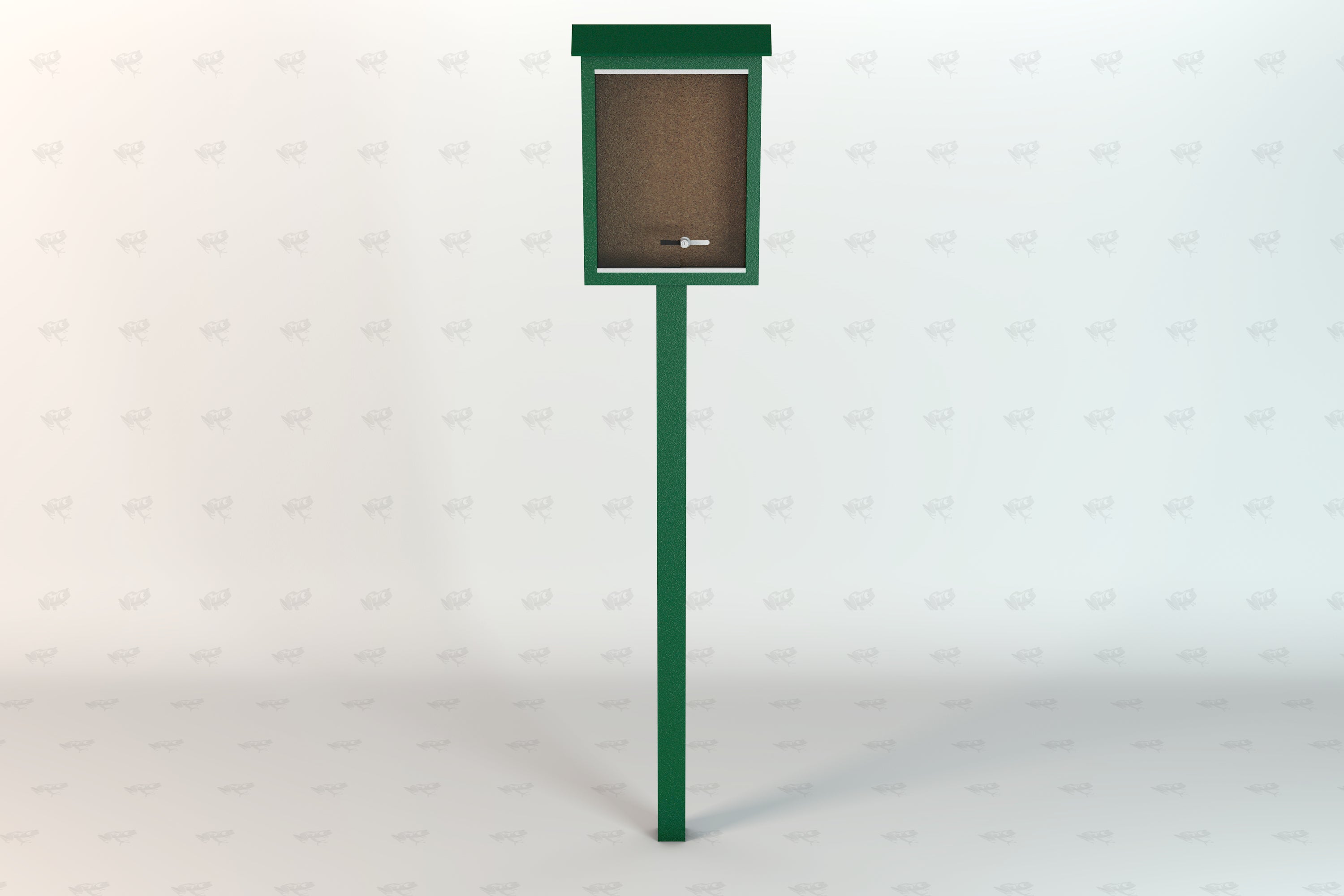 Green outdoor message center with lockable clear front panel and cork bulletin board inside on a single post