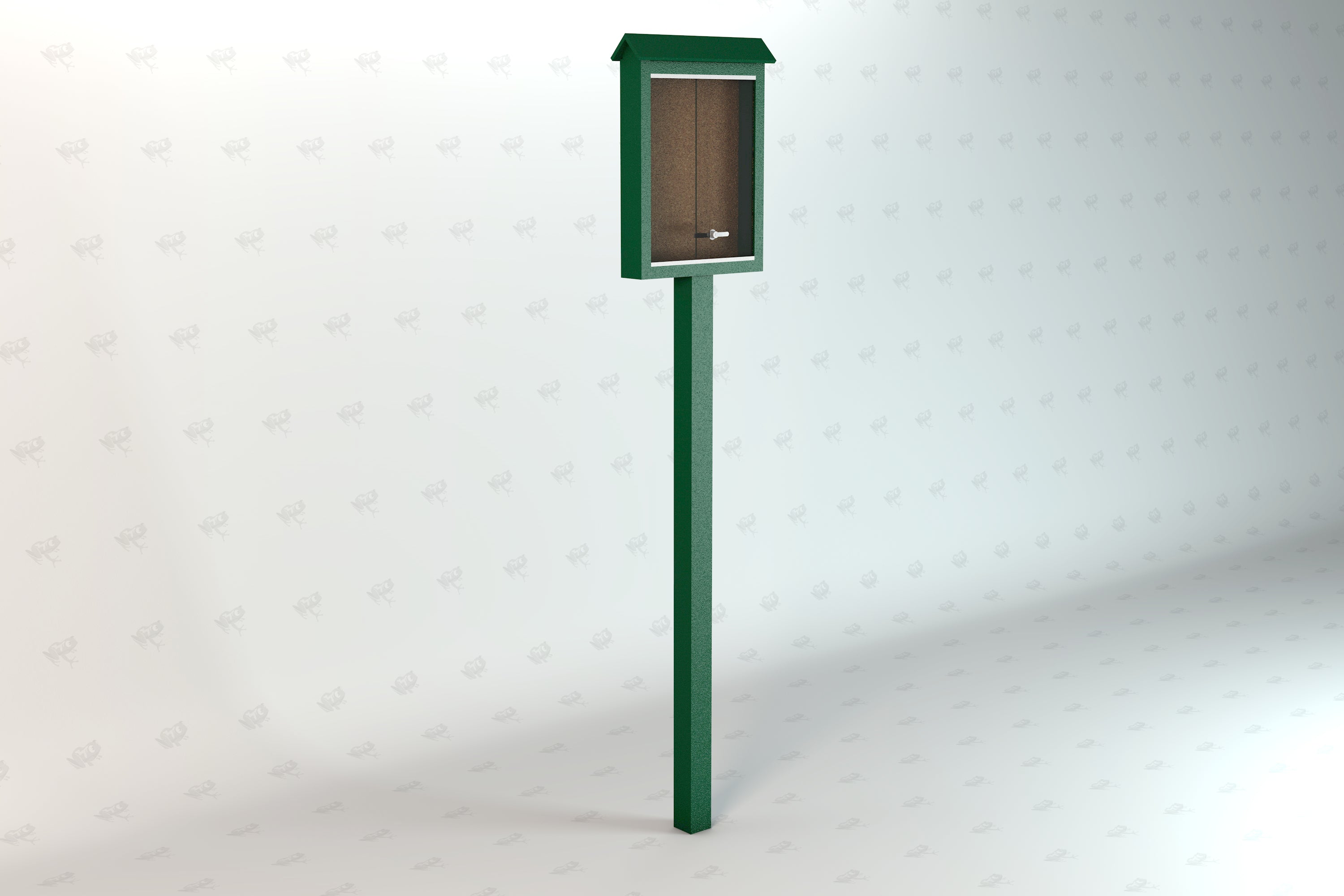 Green recycled plastic outdoor message center with lockable clear front panel mounted on a single post for community notices and maps