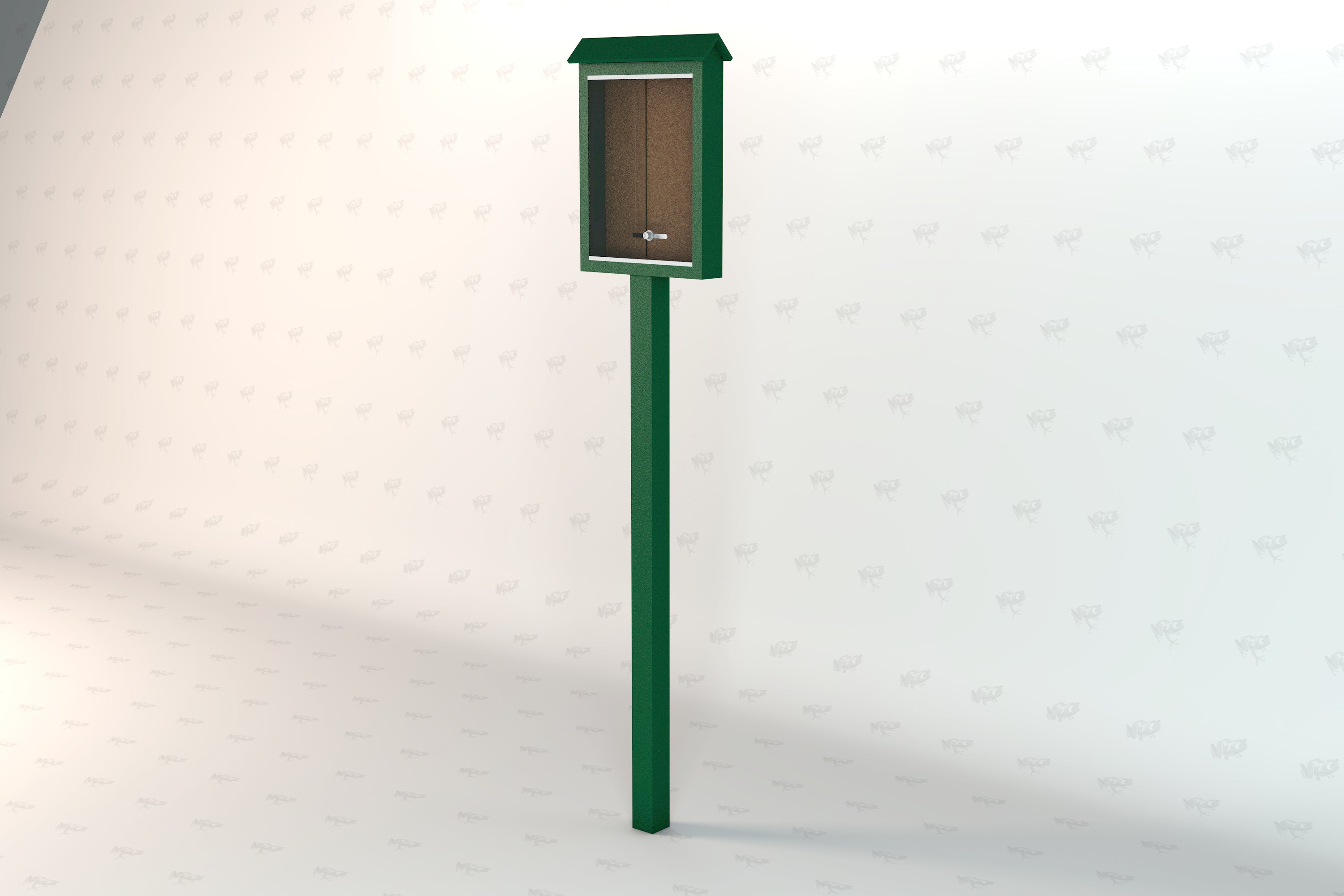 Green recycled plastic outdoor message center with clear lockable front panel mounted on a single post for community notices and maps