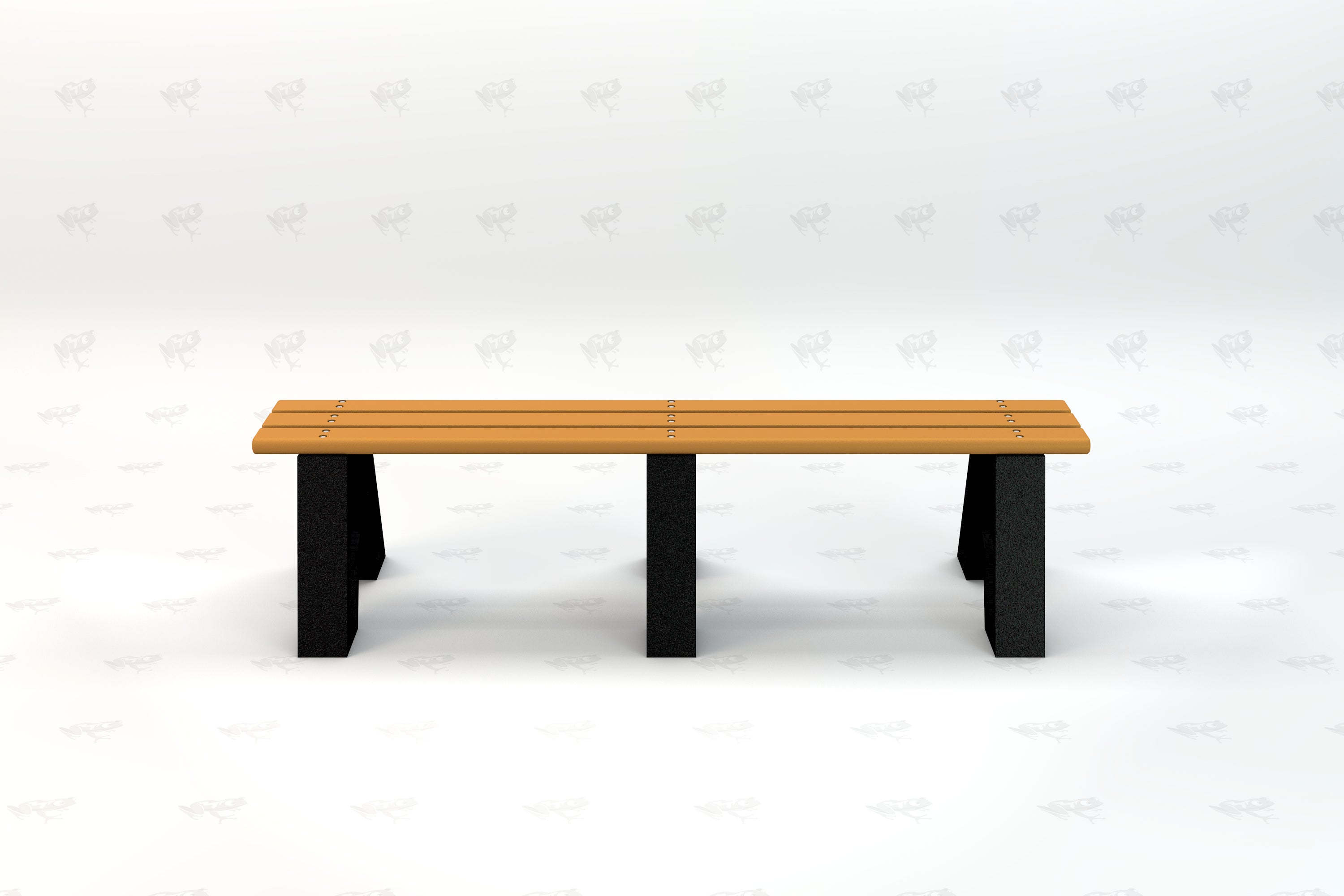 Outdoor sport bench with cedar-colored resinwood slats and black metal legs, durable and weather-resistant seating for parks and fields