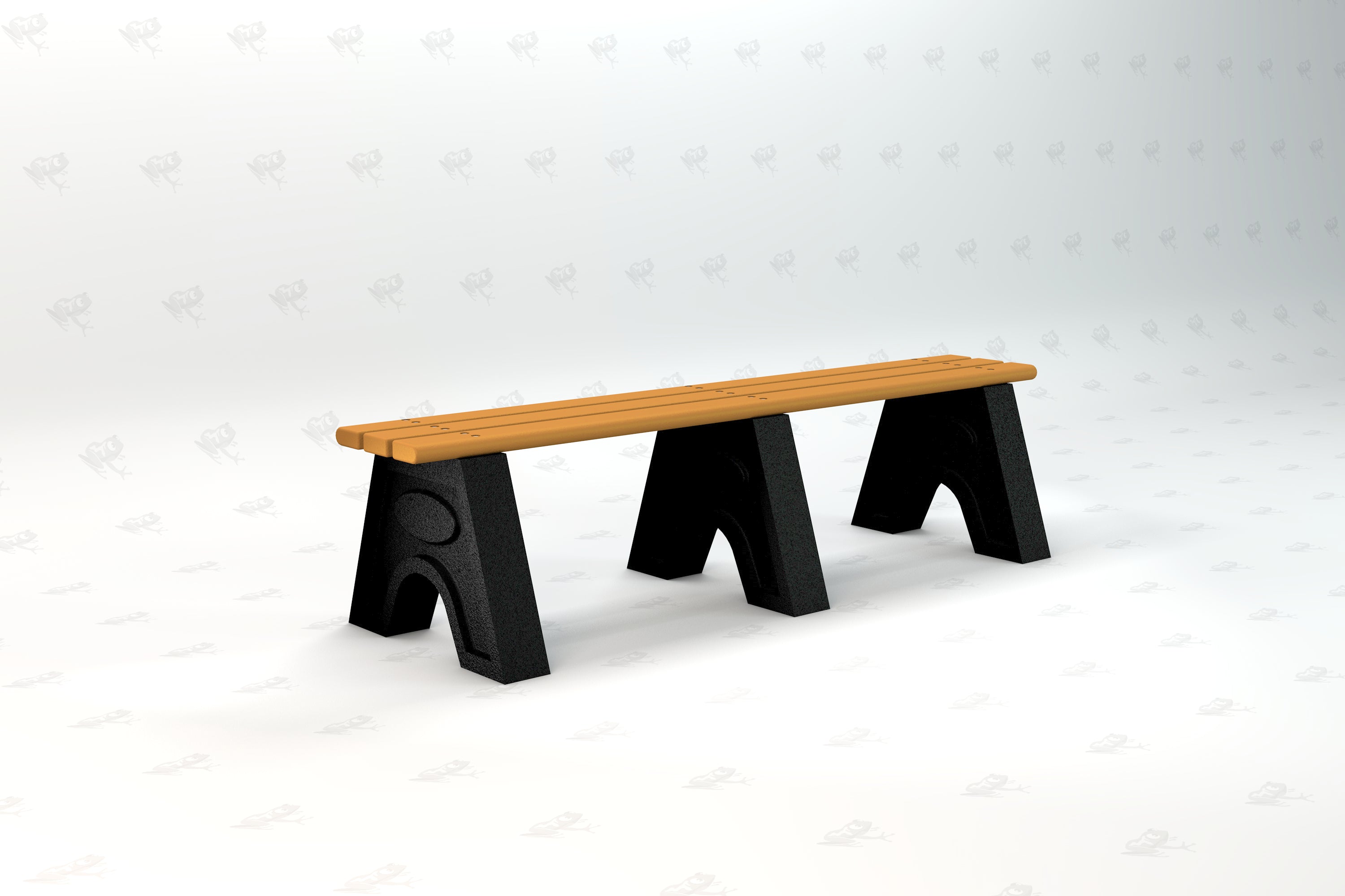 Outdoor sport bench with recycled resinwood slats and black metal supports, designed for durability and low maintenance.