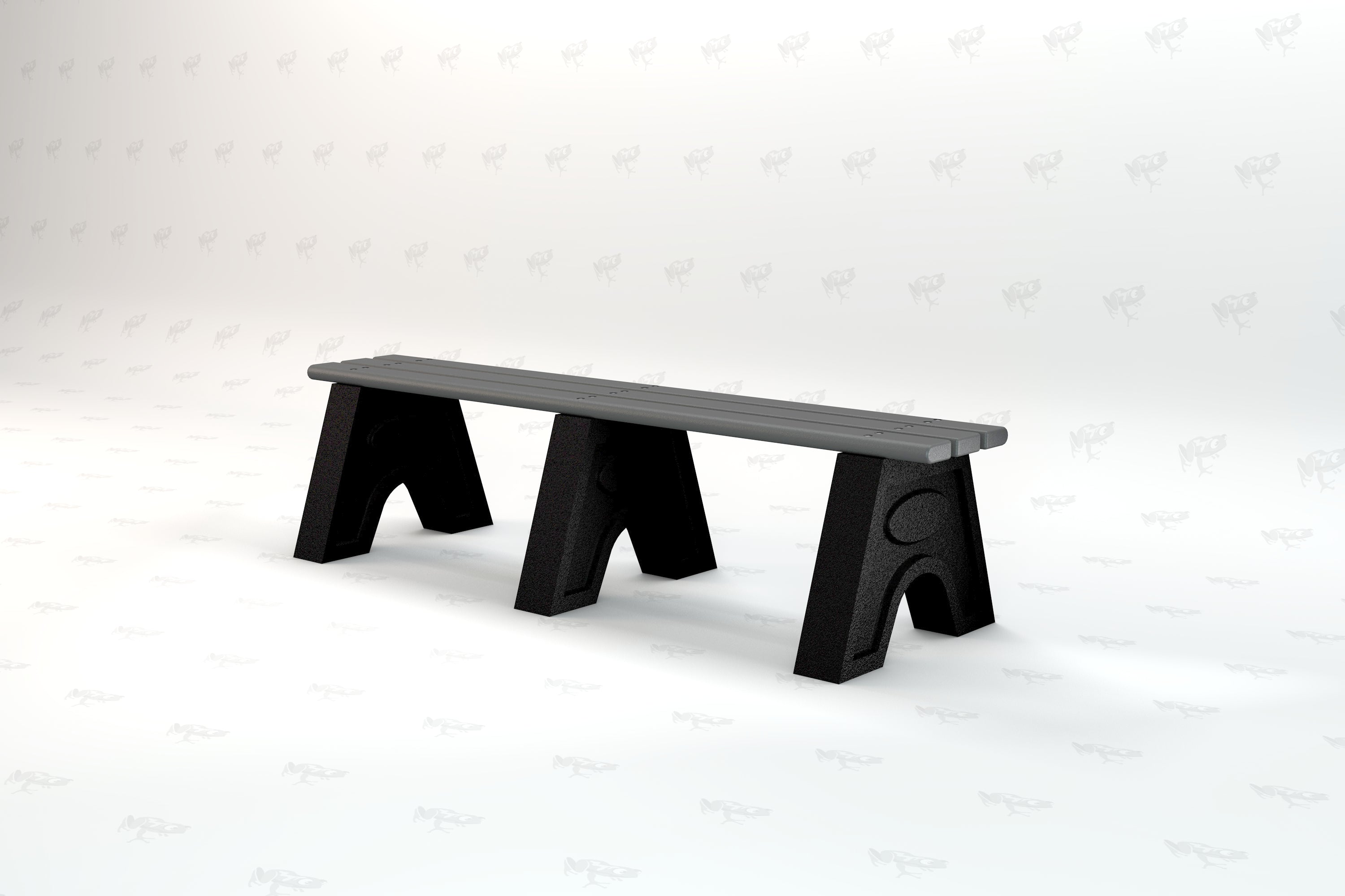 Gray recycled plastic outdoor bench with three black supports, designed for durability and weather resistance in public spaces.