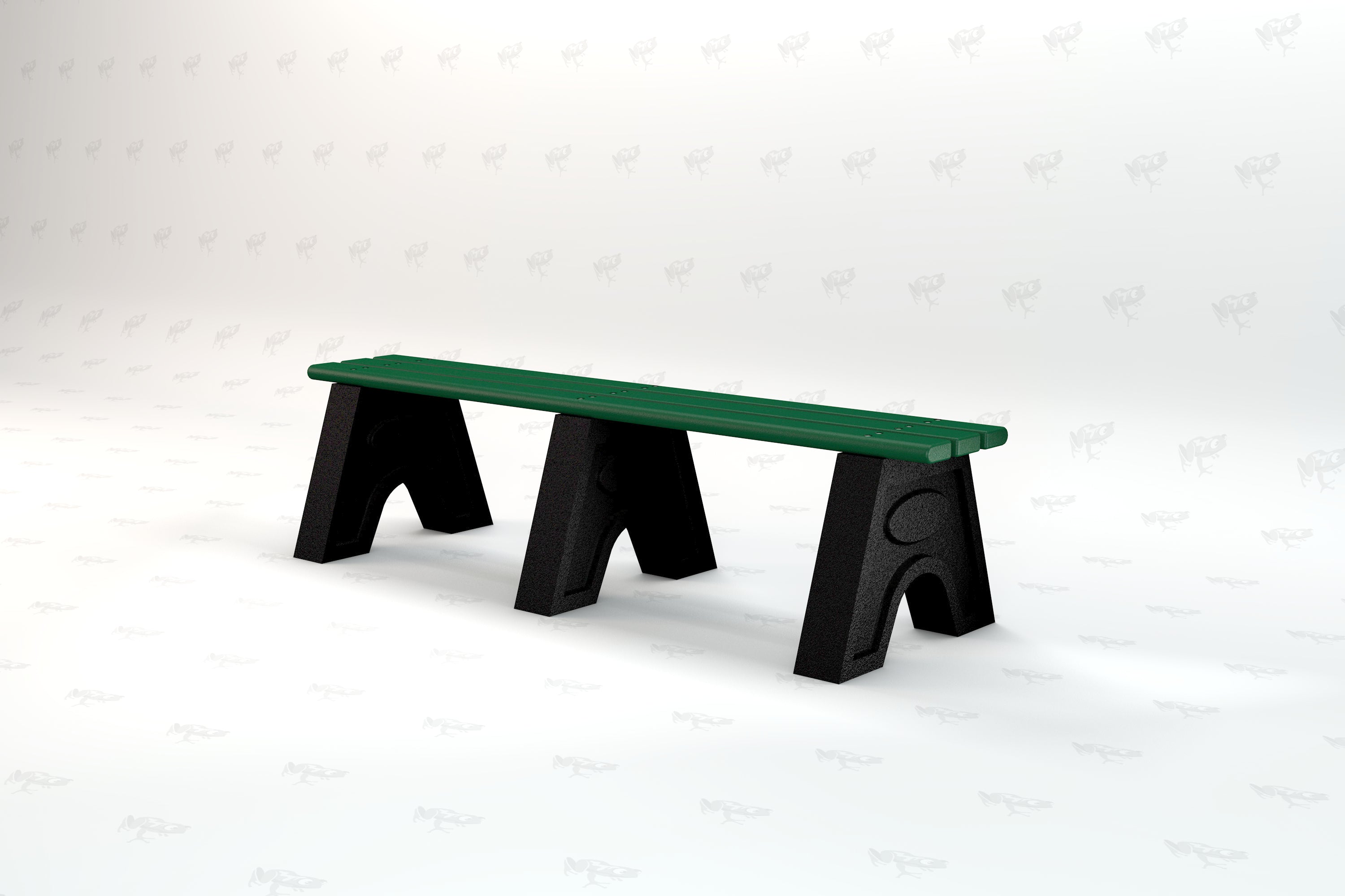 Green recycled plastic outdoor bench with black resinwood legs, durable seating for parks and sports fields.