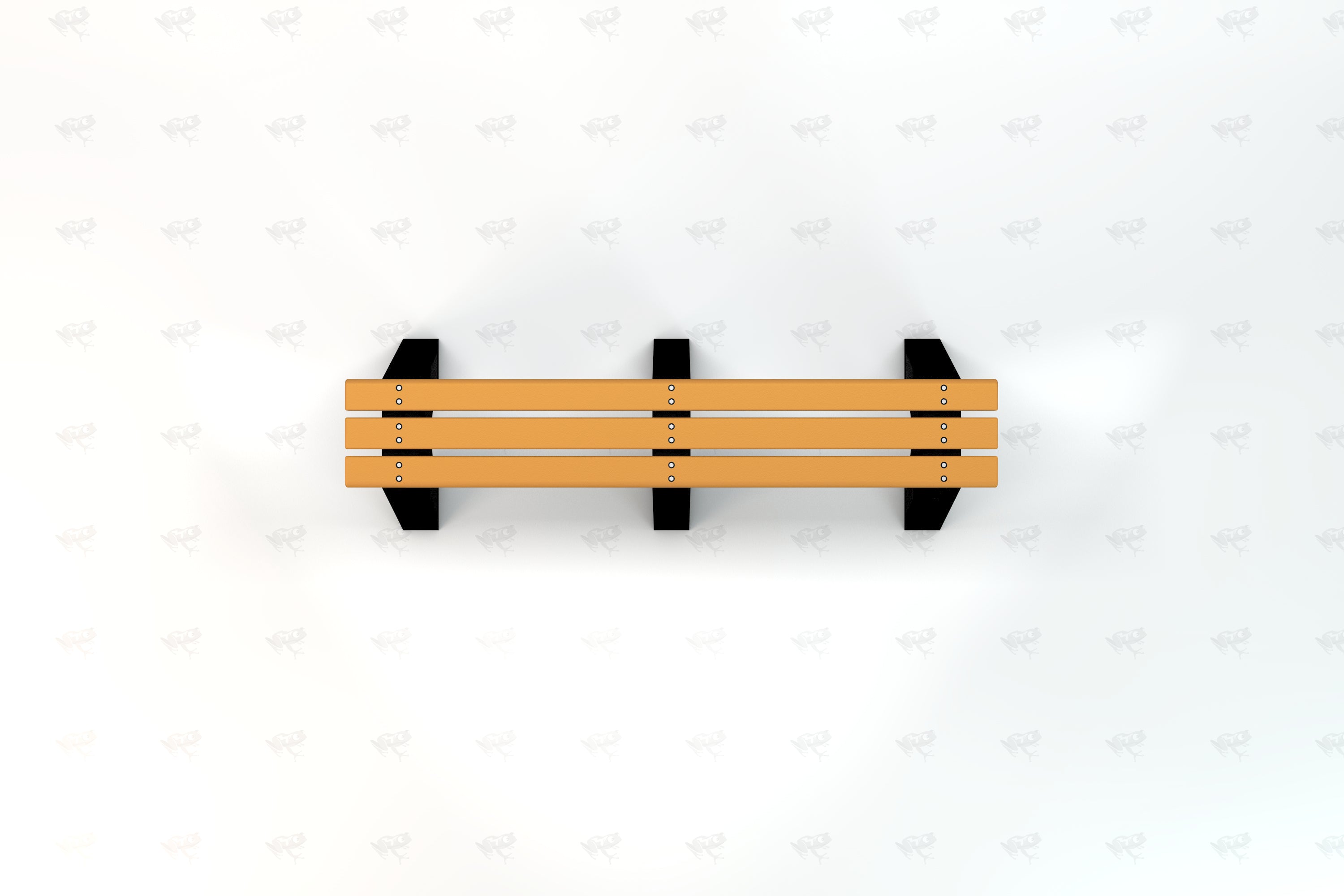 Overhead view of a recycled plastic sport bench with three wooden slats and black metal supports