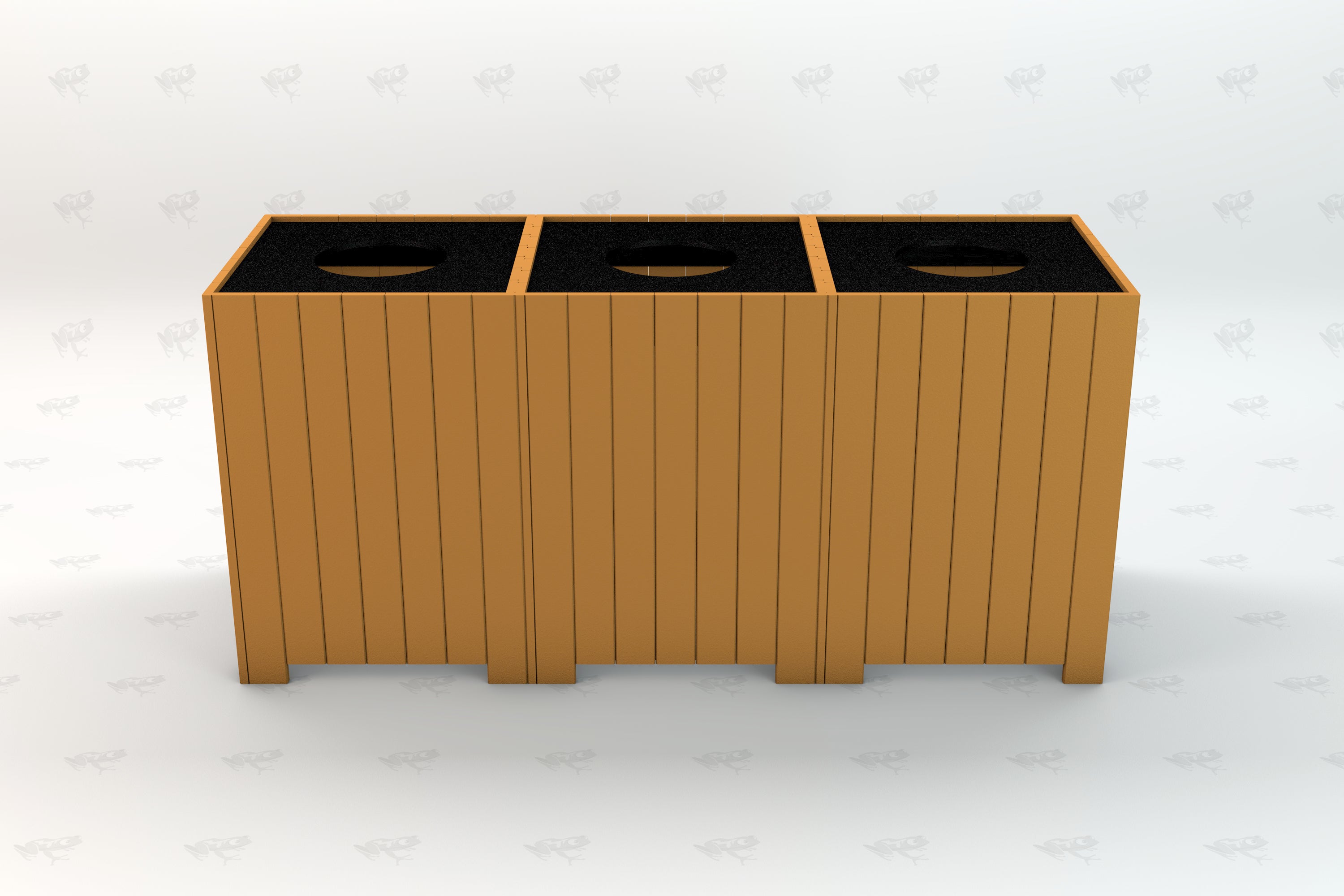 Triple-compartment cedar-colored recycling receptacle with black lids and circular openings, made from recycled plastic