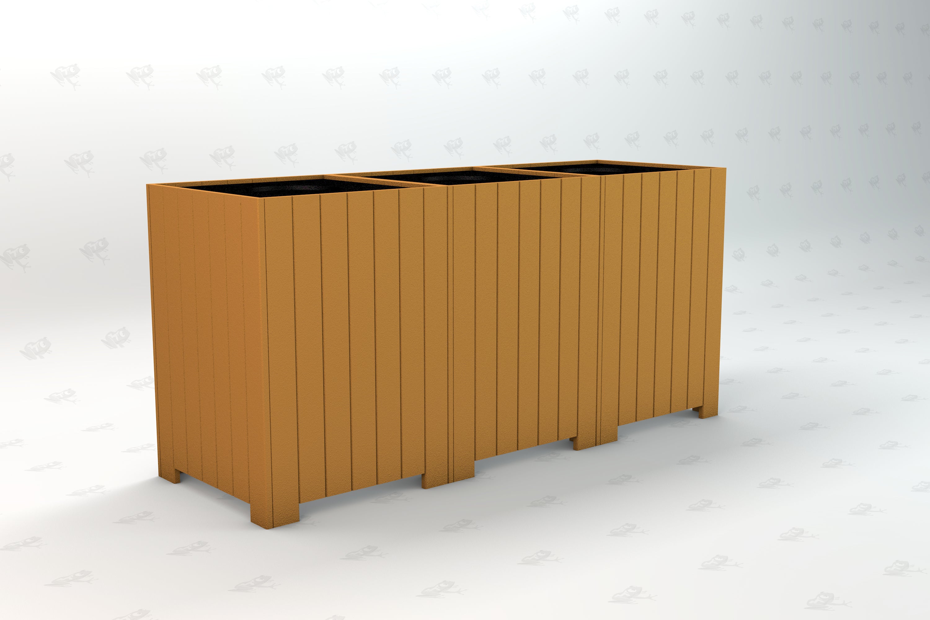 Three-compartment outdoor recycling receptacle with vertical recycled plastic slats and open tops for waste sorting