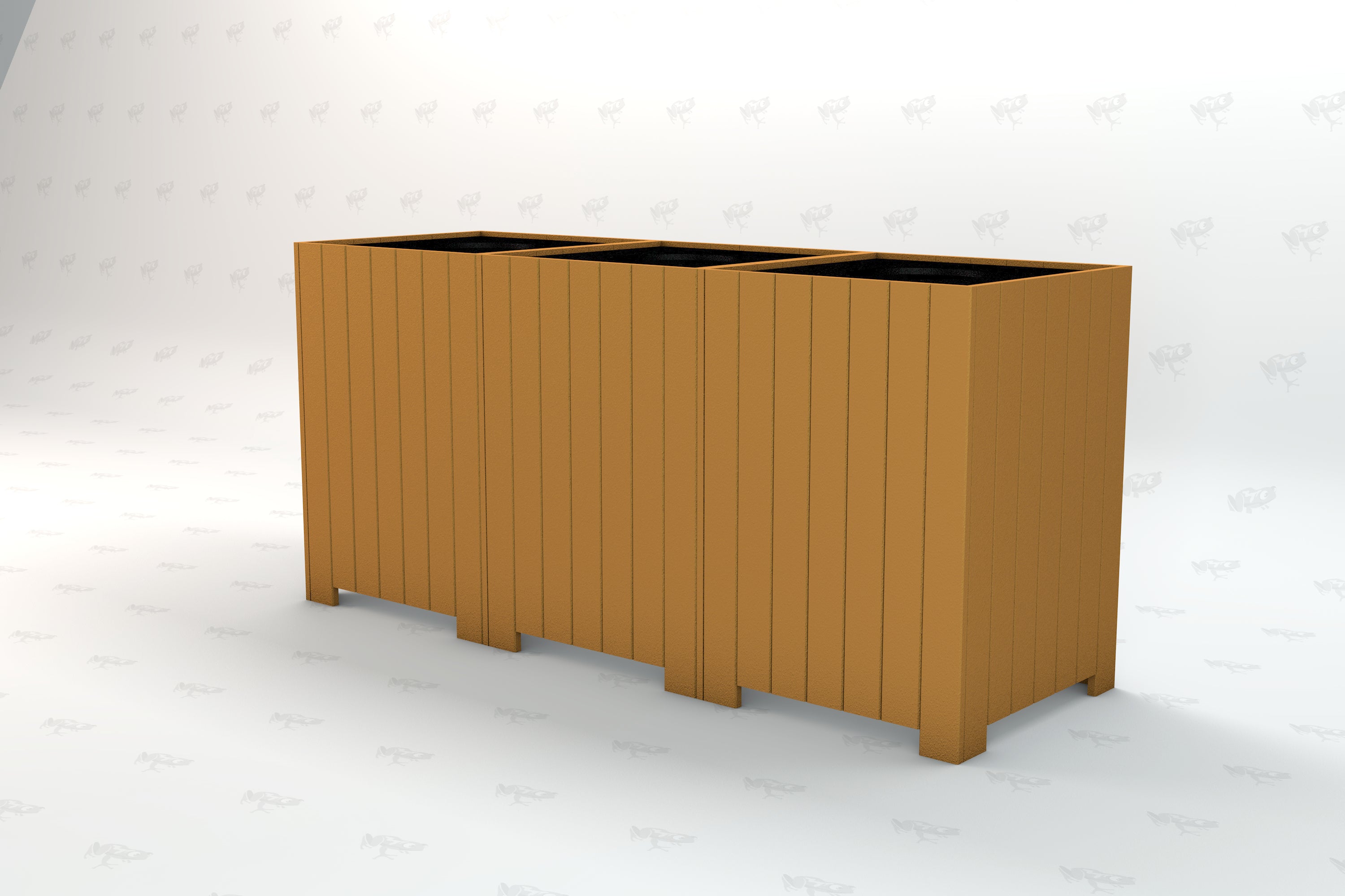 Rectangular outdoor recycling bin with four compartments, vertical slat design, made from recycled plastic