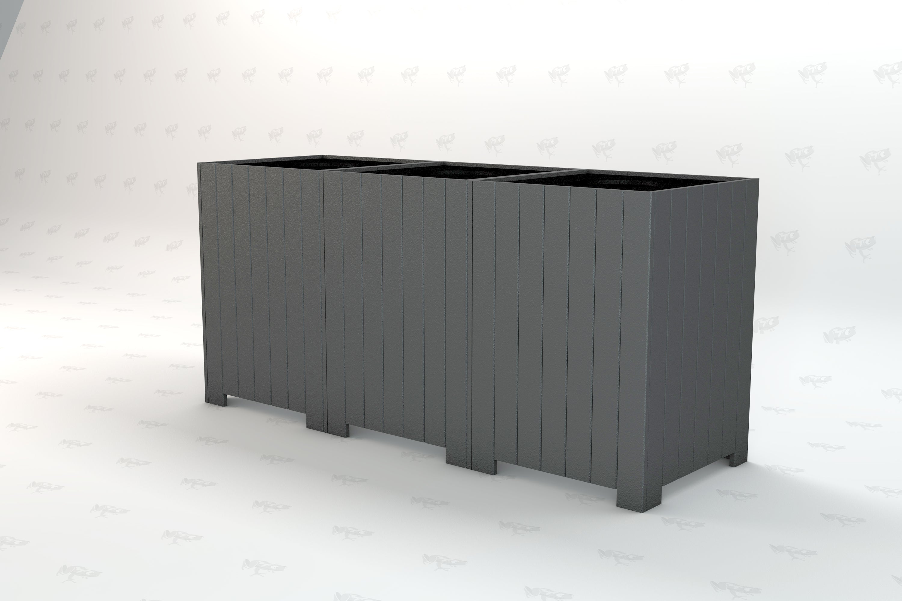 Gray outdoor recycling receptacle with four compartments, vertical panel design, made from recycled plastic for sustainable waste sorting.