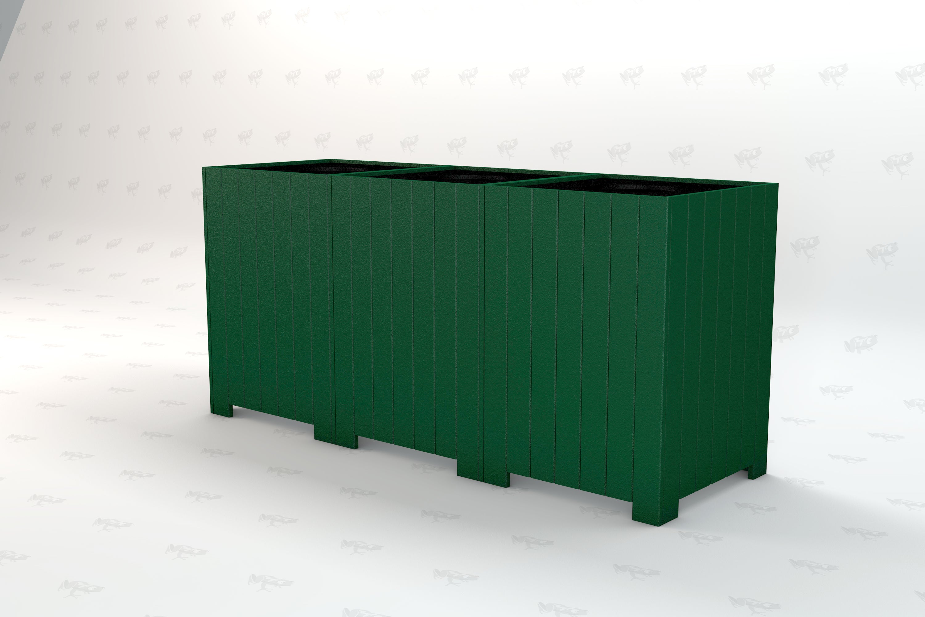 Green square outdoor recycling receptacle with four compartments, made from recycled plastic, featuring clear recycling symbols.