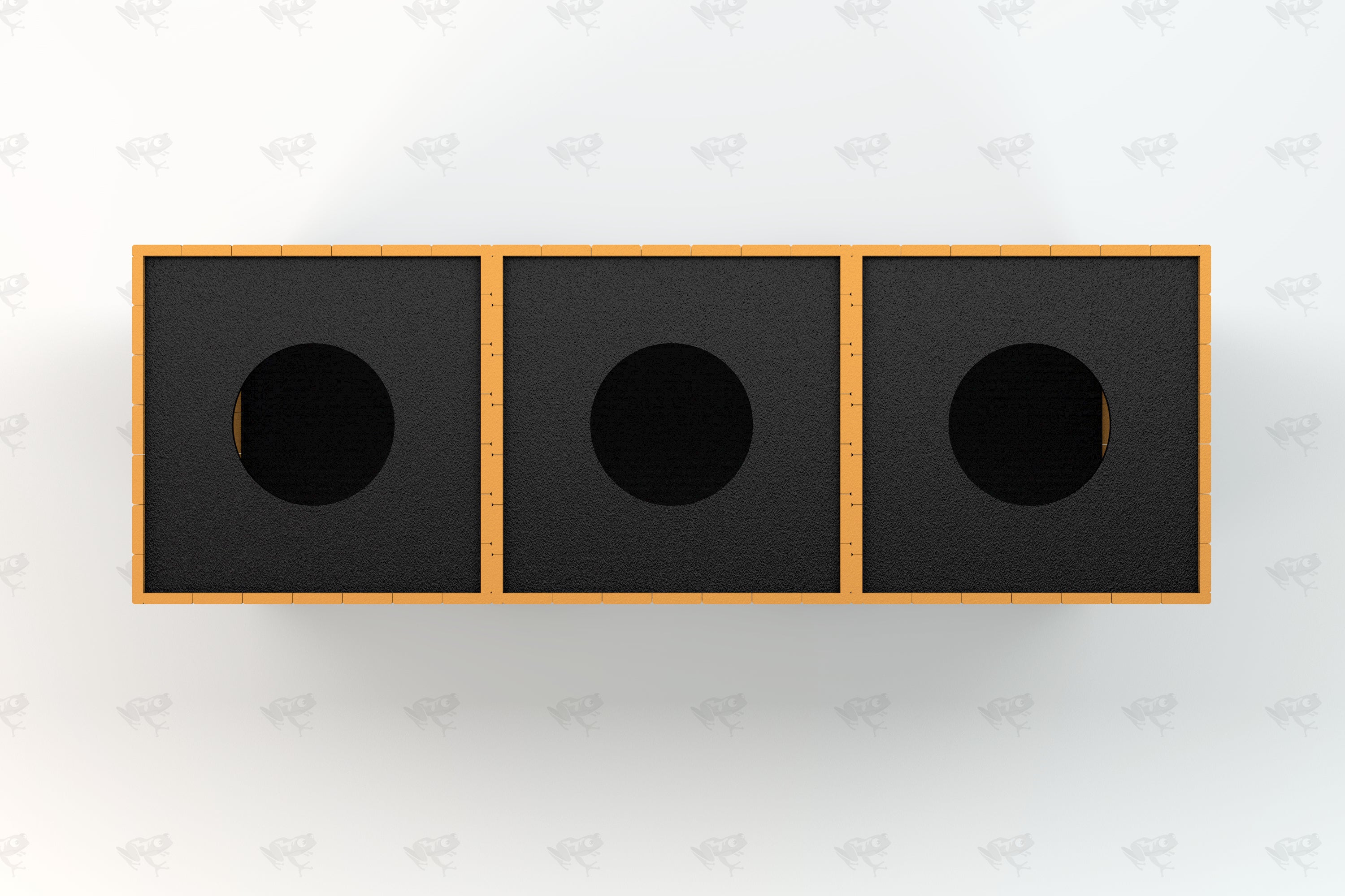 Overhead view of a triple-compartment square recycling receptacle with black lids, circular openings, and orange framing, made from recycled plastic.