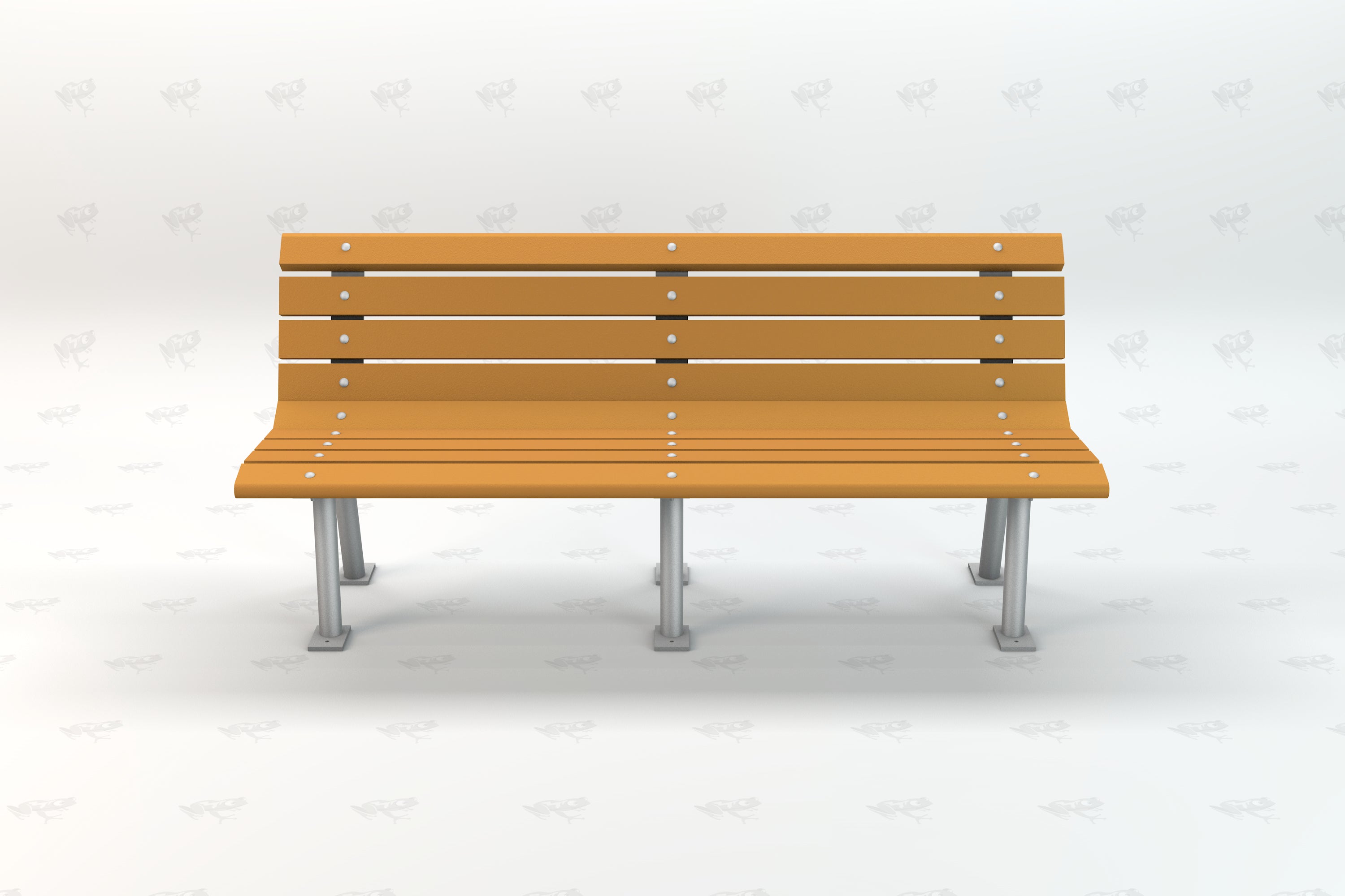 Modern recycled plastic park bench with angled metal legs and horizontal cedar-colored slats, front view.