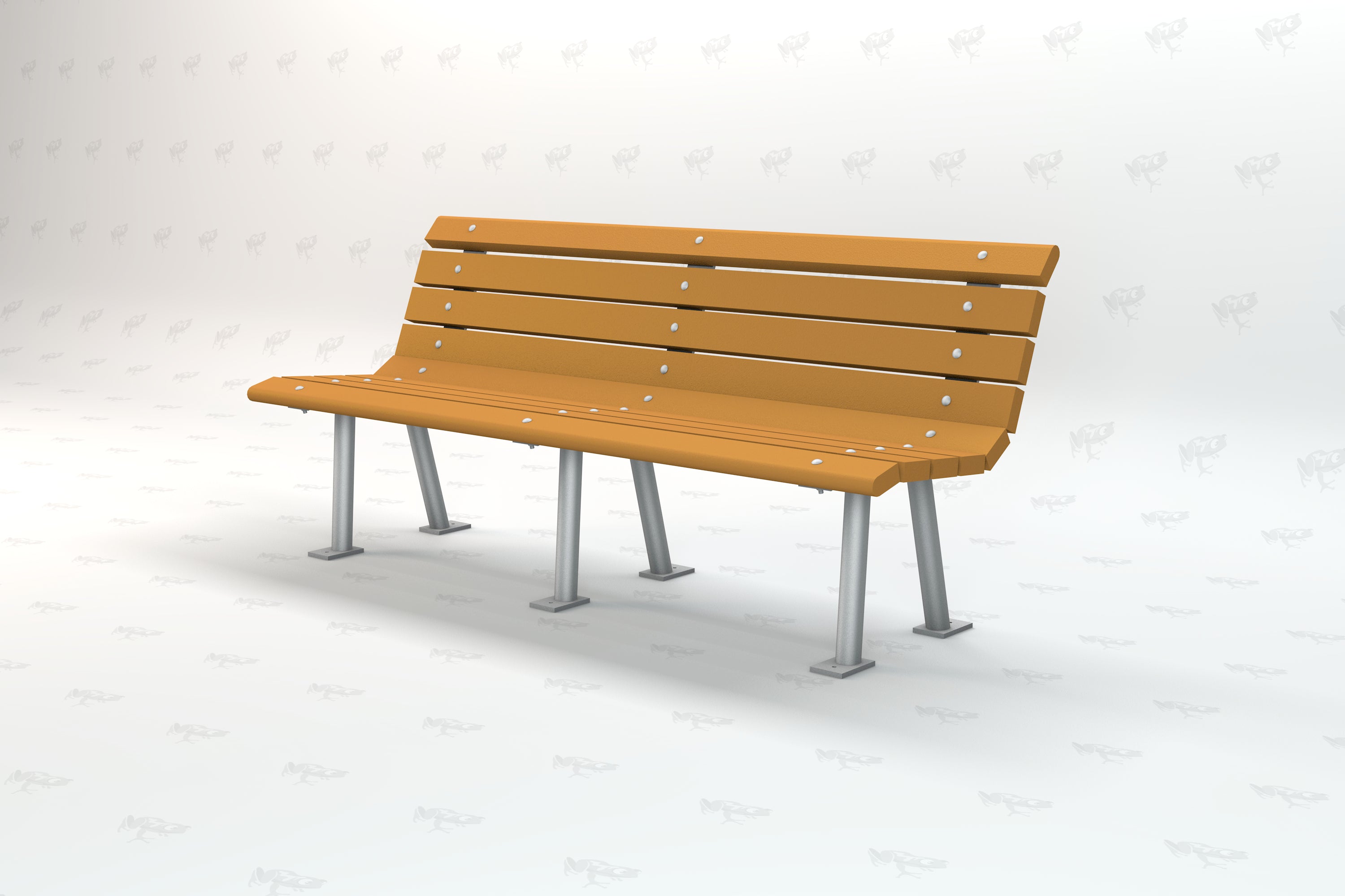 Modern outdoor bench with angled metal legs and cedar-colored recycled plastic slats, eco-friendly and durable design