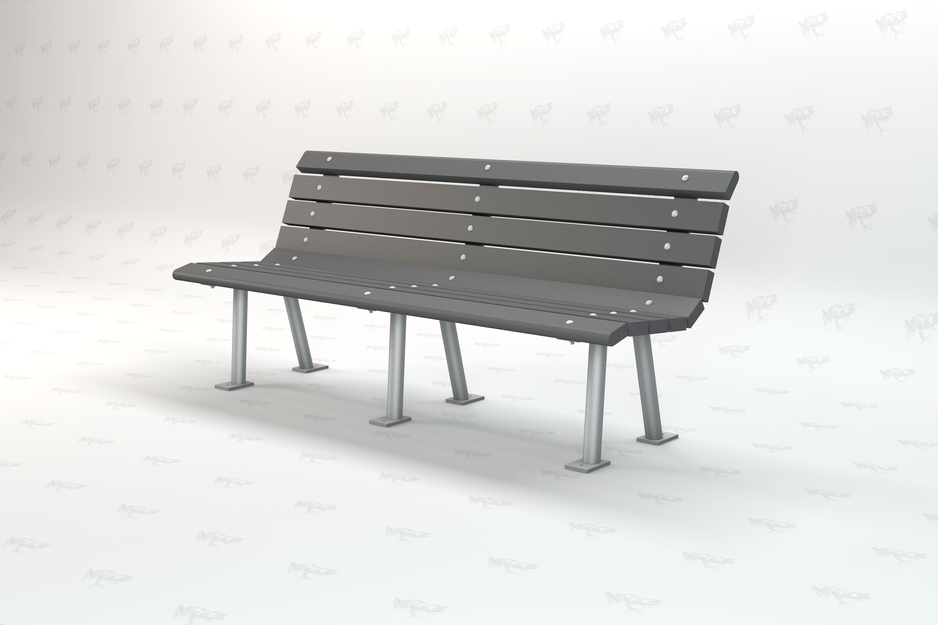 Gray recycled plastic park bench with angled metal legs and slatted backrest, modern outdoor seating
