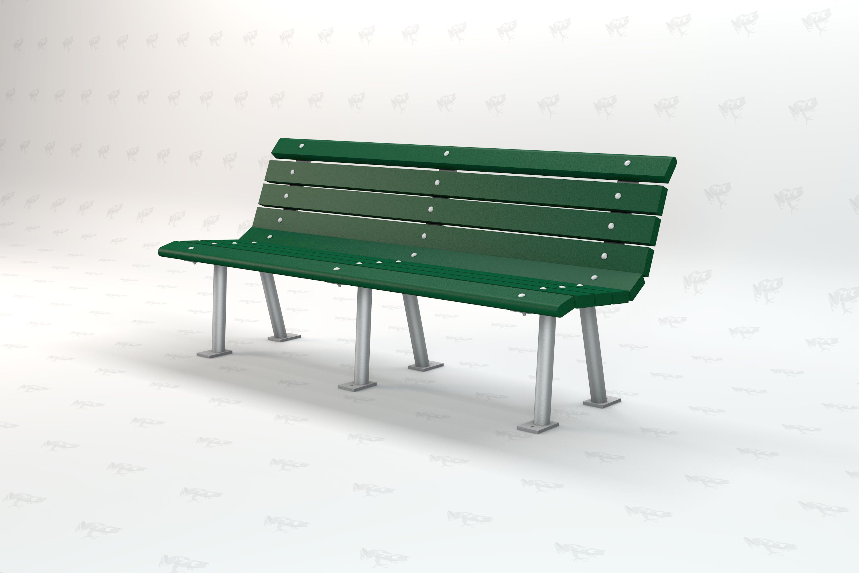 Green recycled plastic park bench with angled silver metal legs and slatted backrest, modern outdoor seating