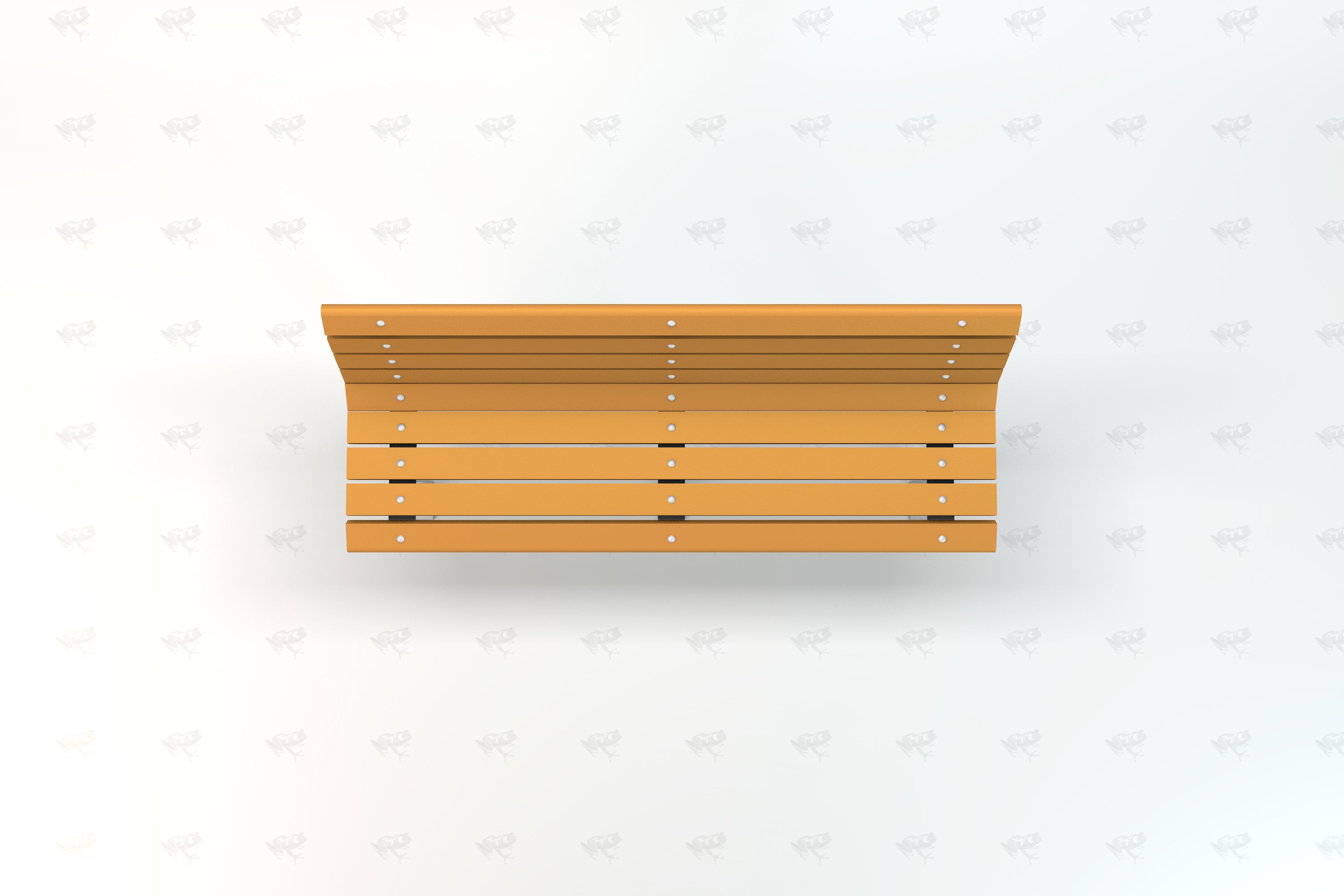 Overhead view of a sleek, modern recycled plastic park bench with angled legs and horizontal slats in warm tan color