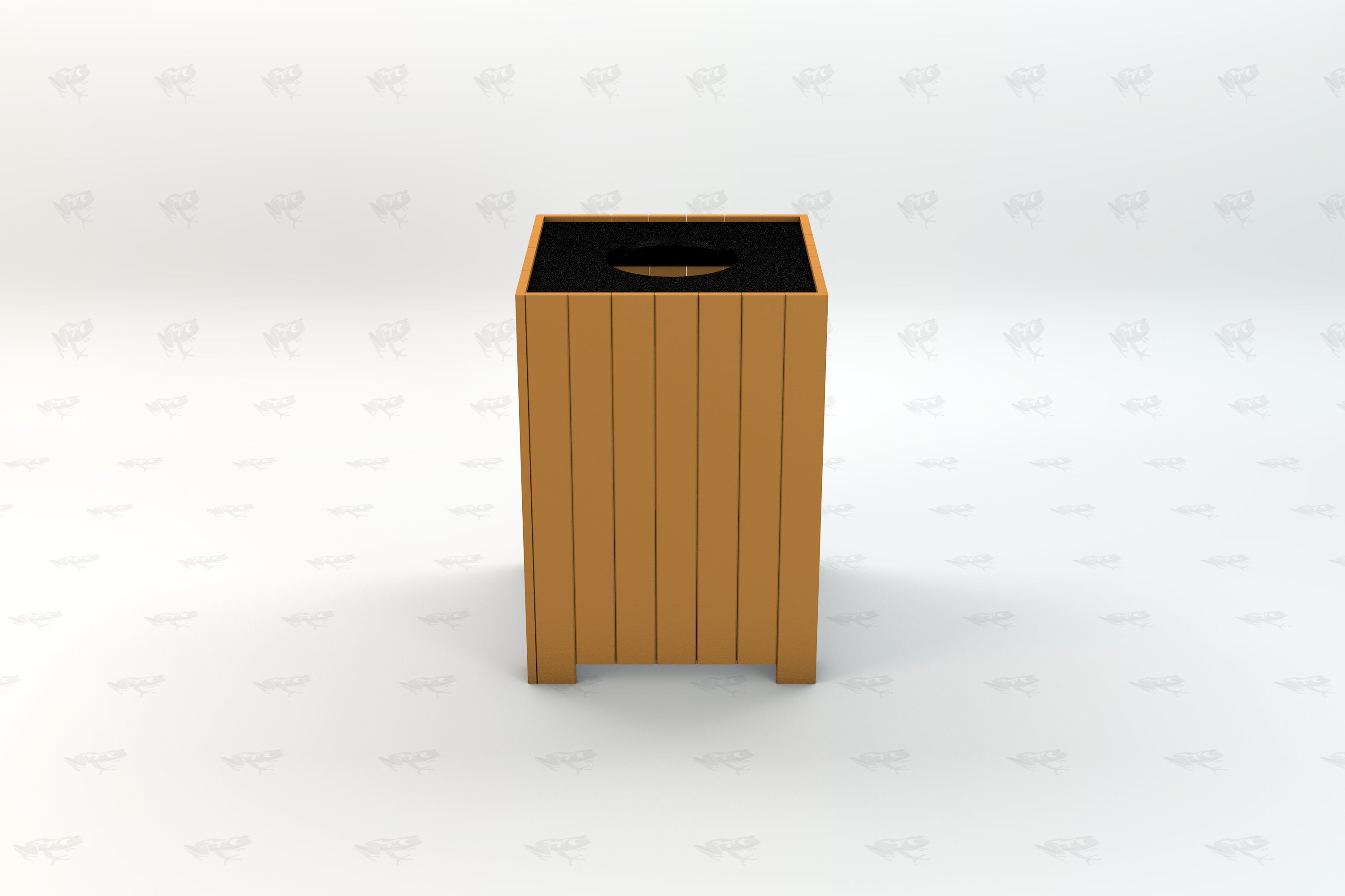 Square outdoor trash receptacle with vertical cedar-colored recycled plastic slats and black top opening