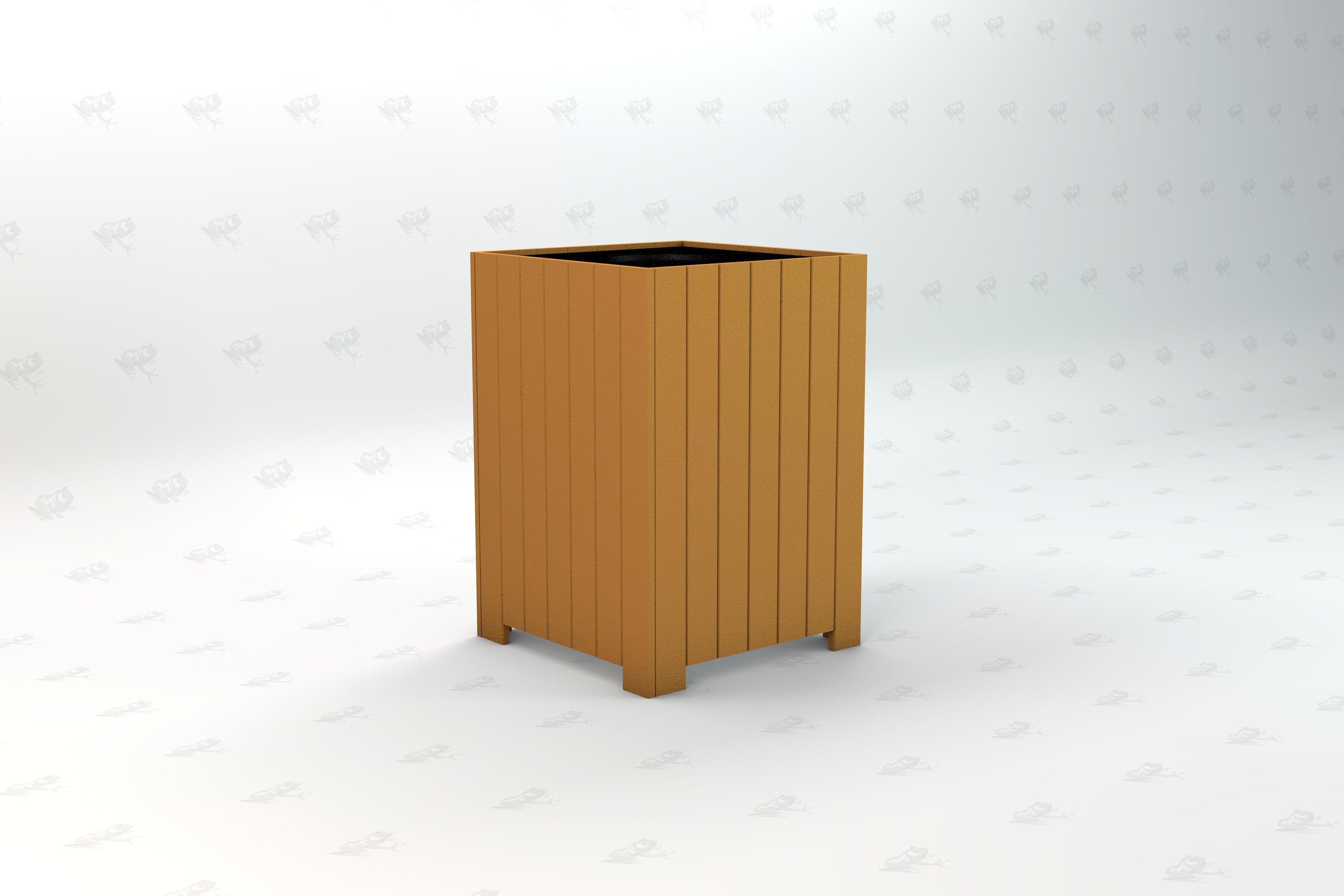 Brown square recycled plastic trash receptacle with vertical slats and open top, designed for outdoor use