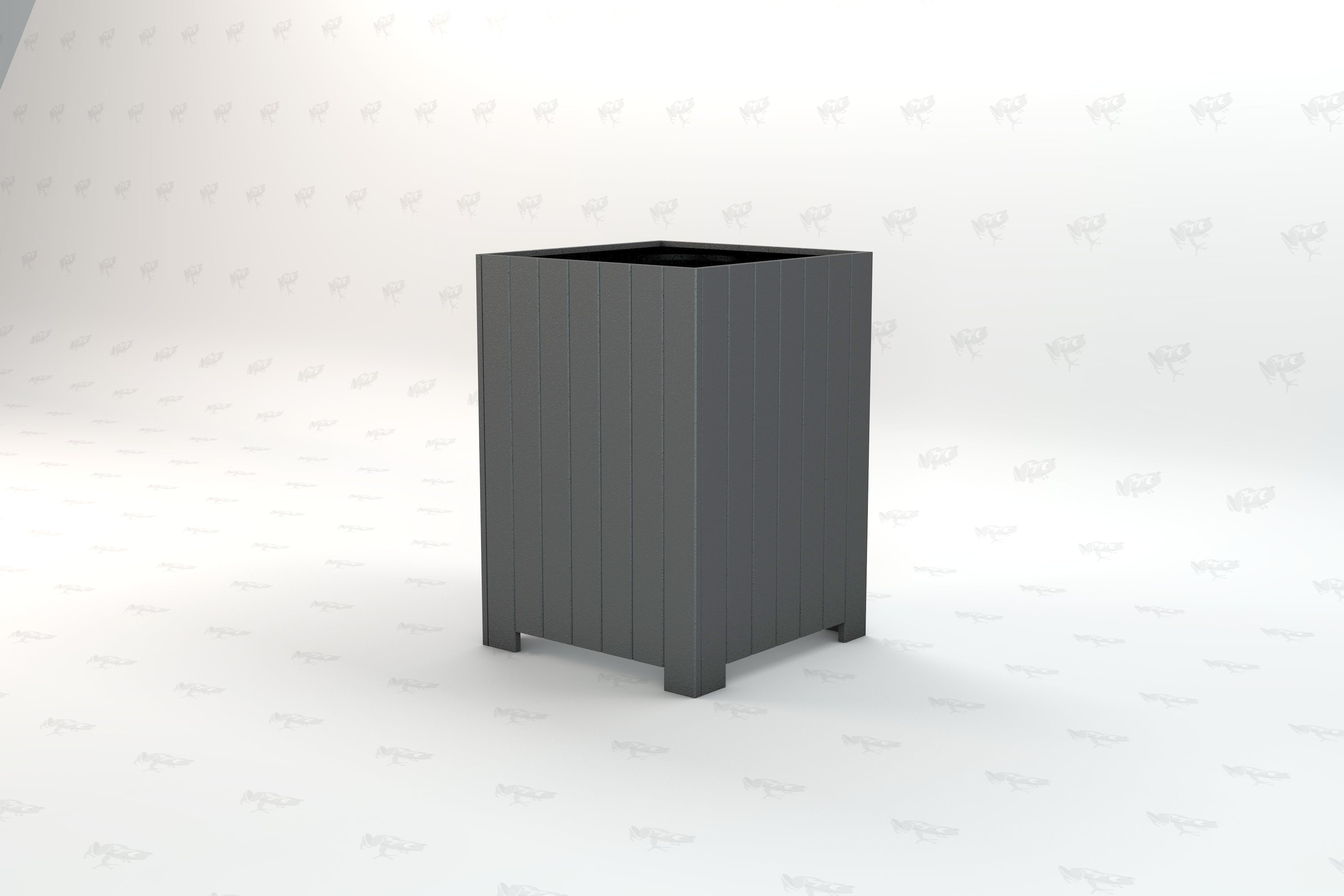 Gray square outdoor trash receptacle made of recycled plastic with vertical panel design and raised feet