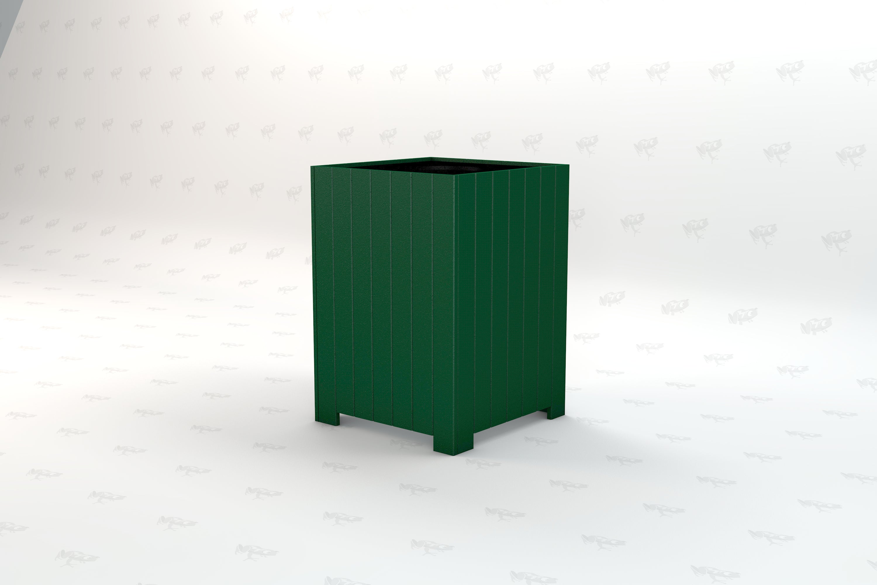 Green square outdoor trash receptacle with vertical panel design, raised feet, made from recycled plastic.