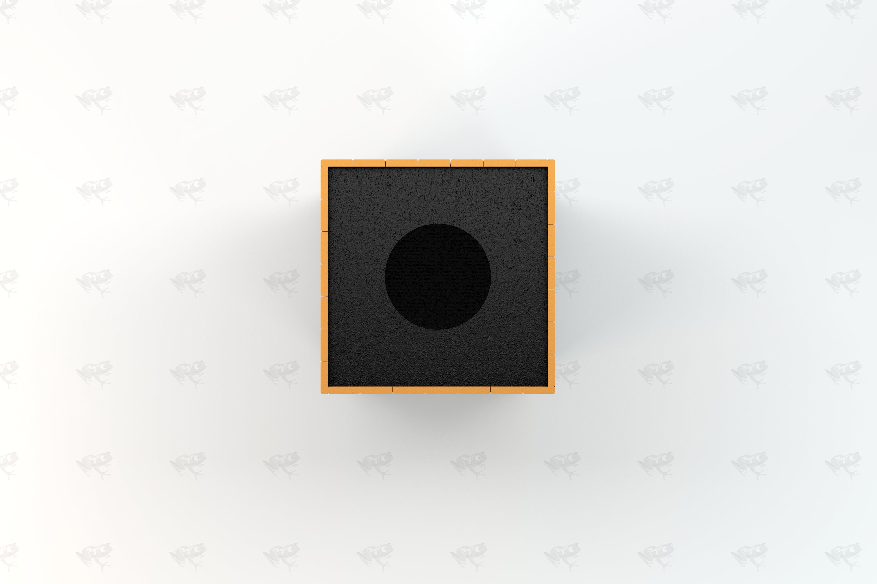 Overhead view of a square recycled plastic trash receptacle with a black lid and bright orange edges, designed for outdoor use.