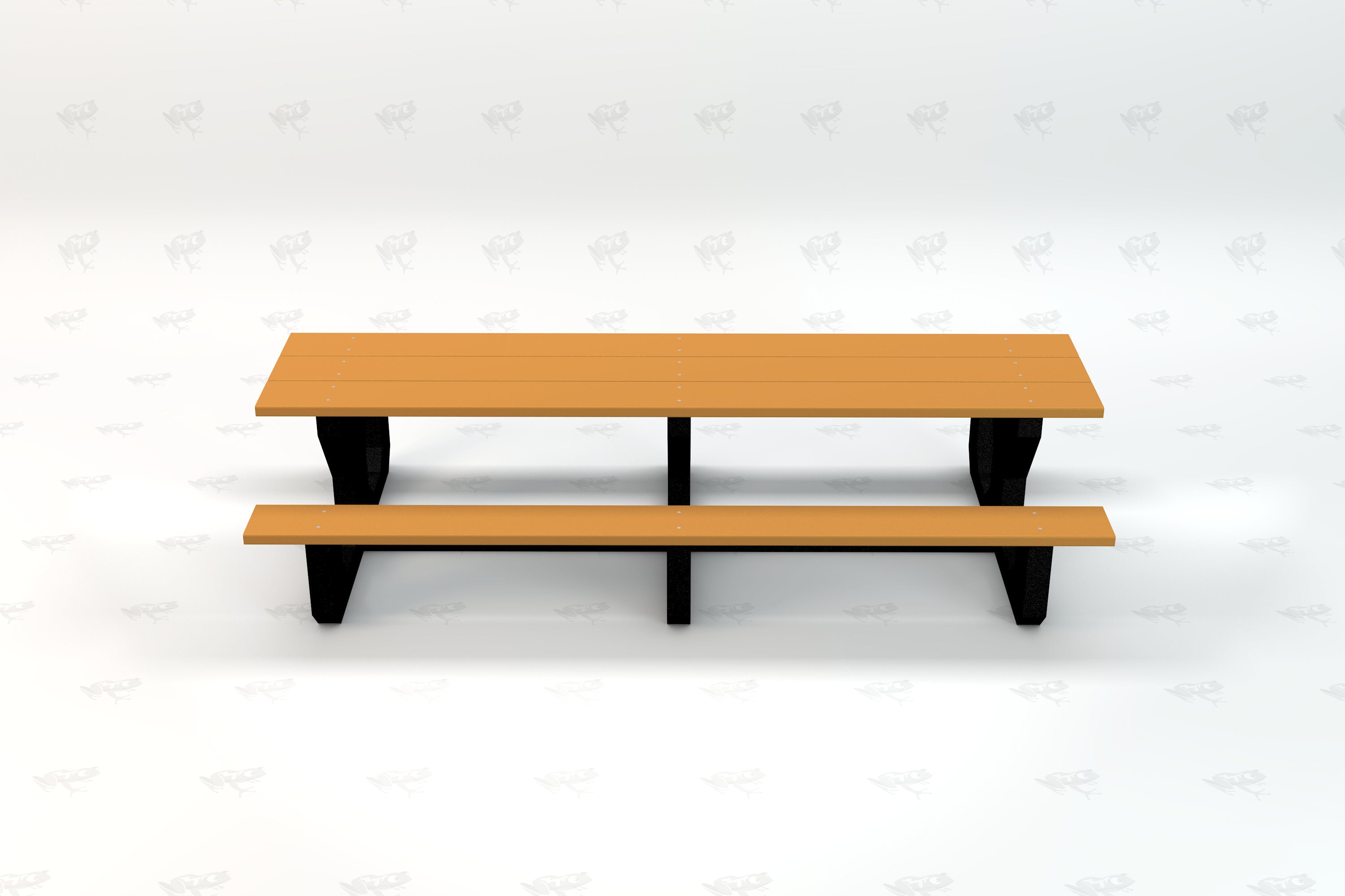 Recycled plastic toddler picnic table with orange top, black supports, and attached bench designed for kids' outdoor use