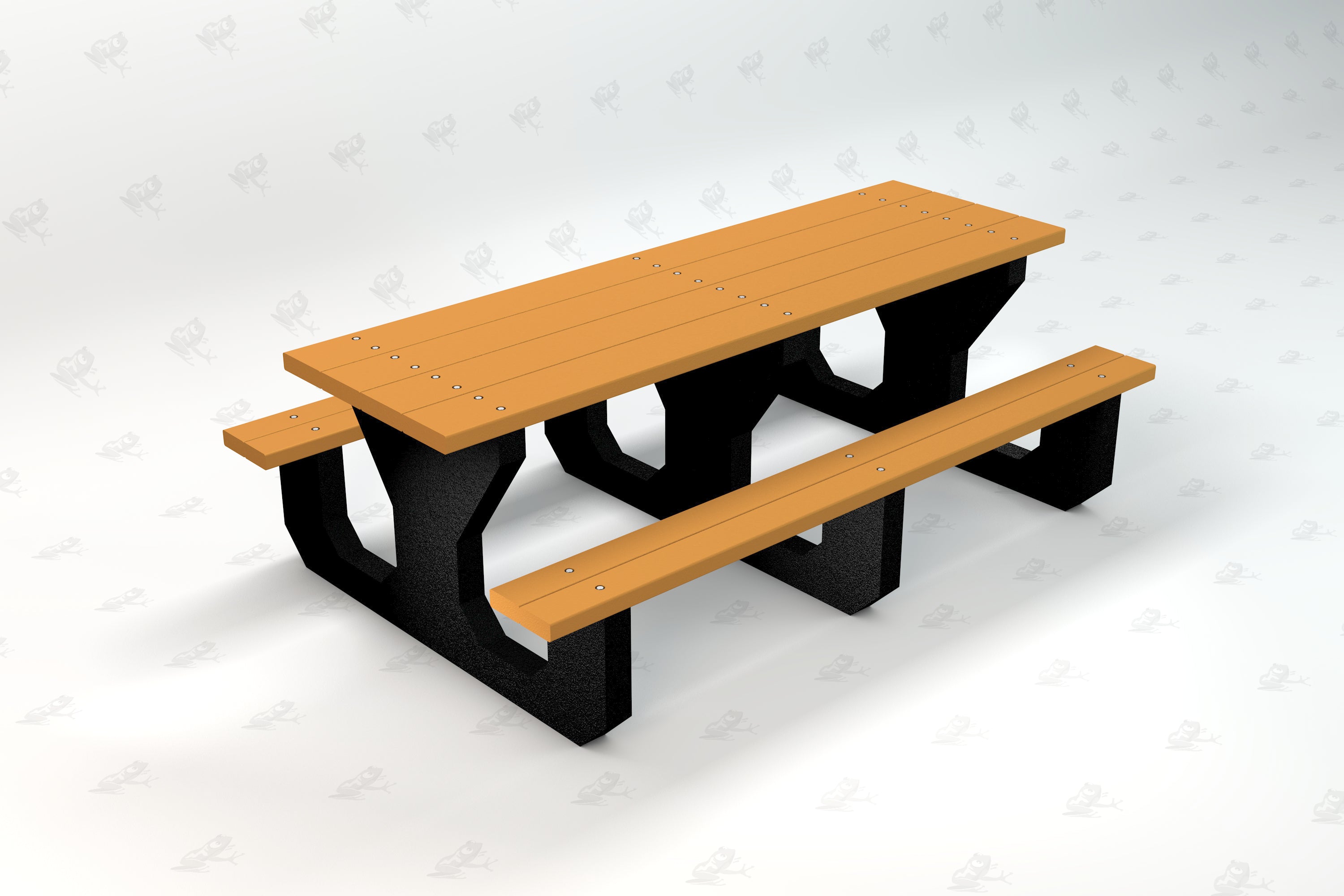 Youth picnic table with bright orange recycled plastic top and sturdy black supports, designed for outdoor use.