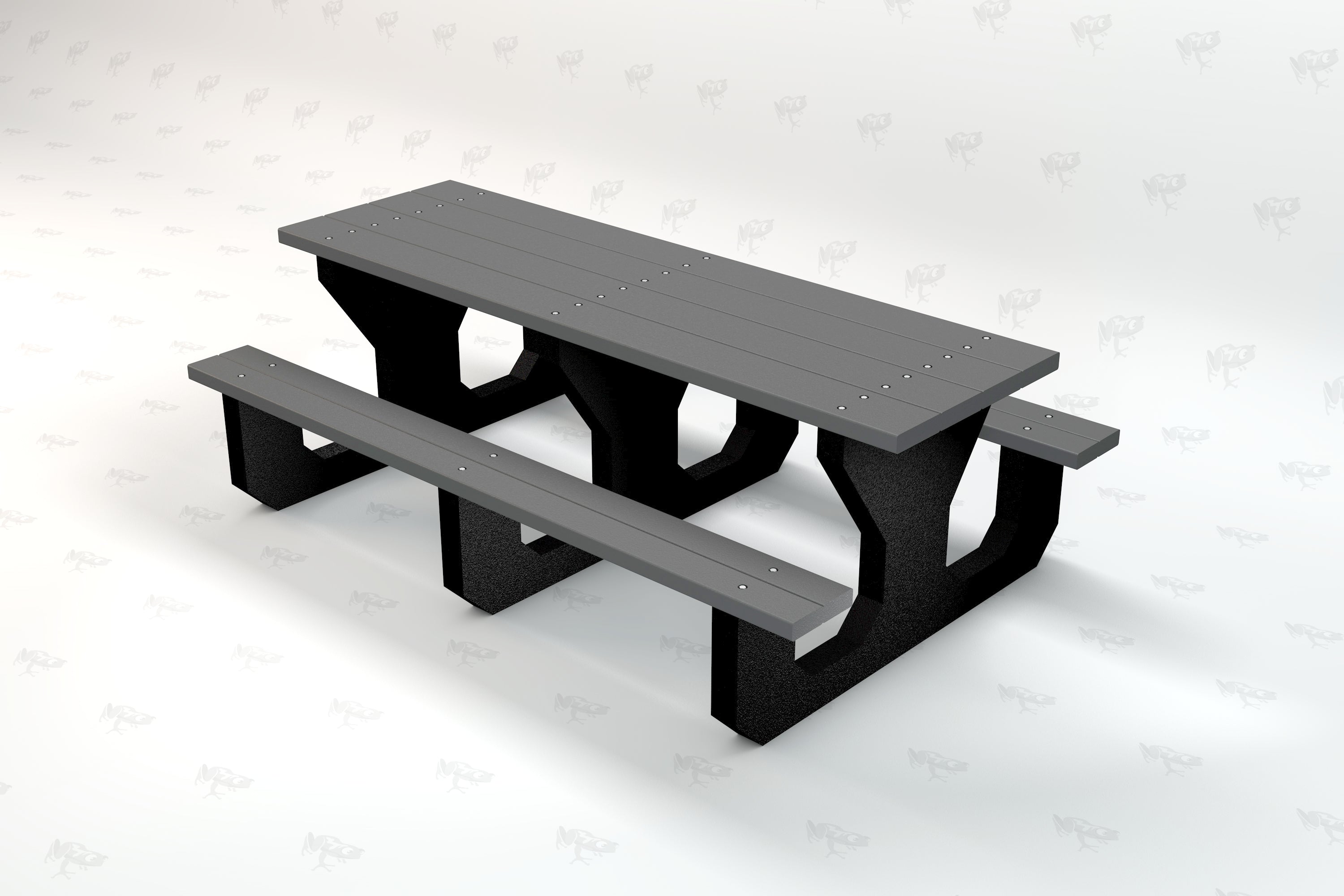 Durable recycled plastic youth picnic table with attached benches and sturdy black supports, angled view