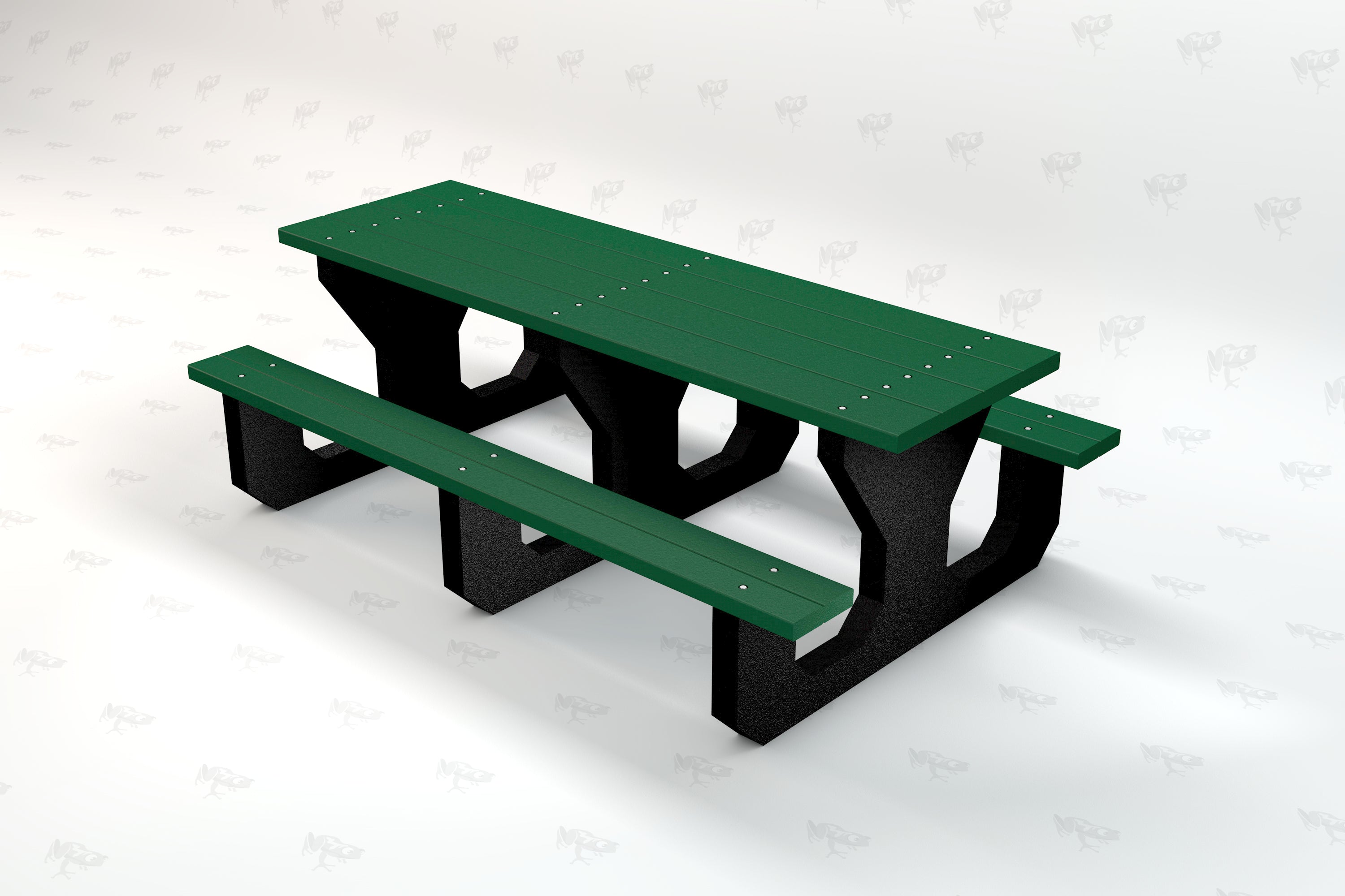Green recycled plastic youth picnic table with attached benches and black metal supports, angled view.