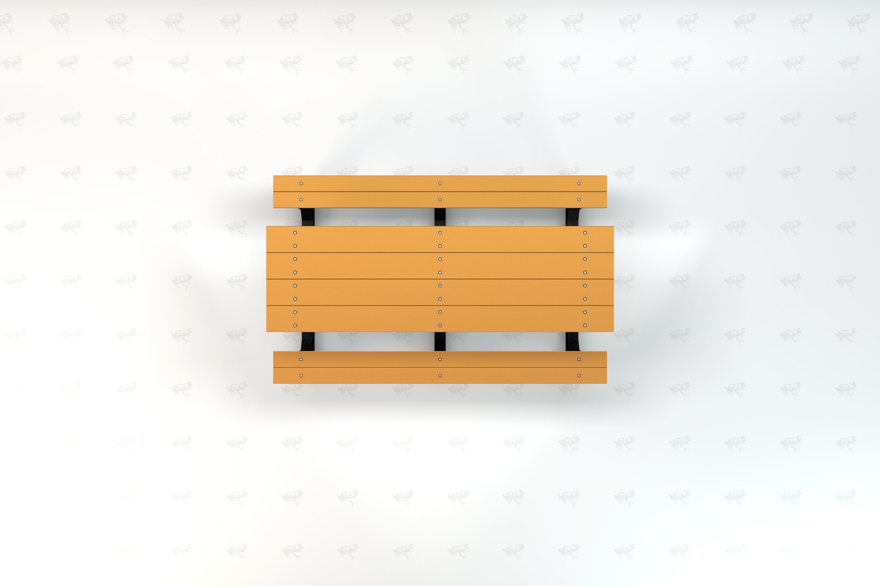 Overhead view of a youth-sized recycled plastic picnic table with attached benches and orange and black frame
