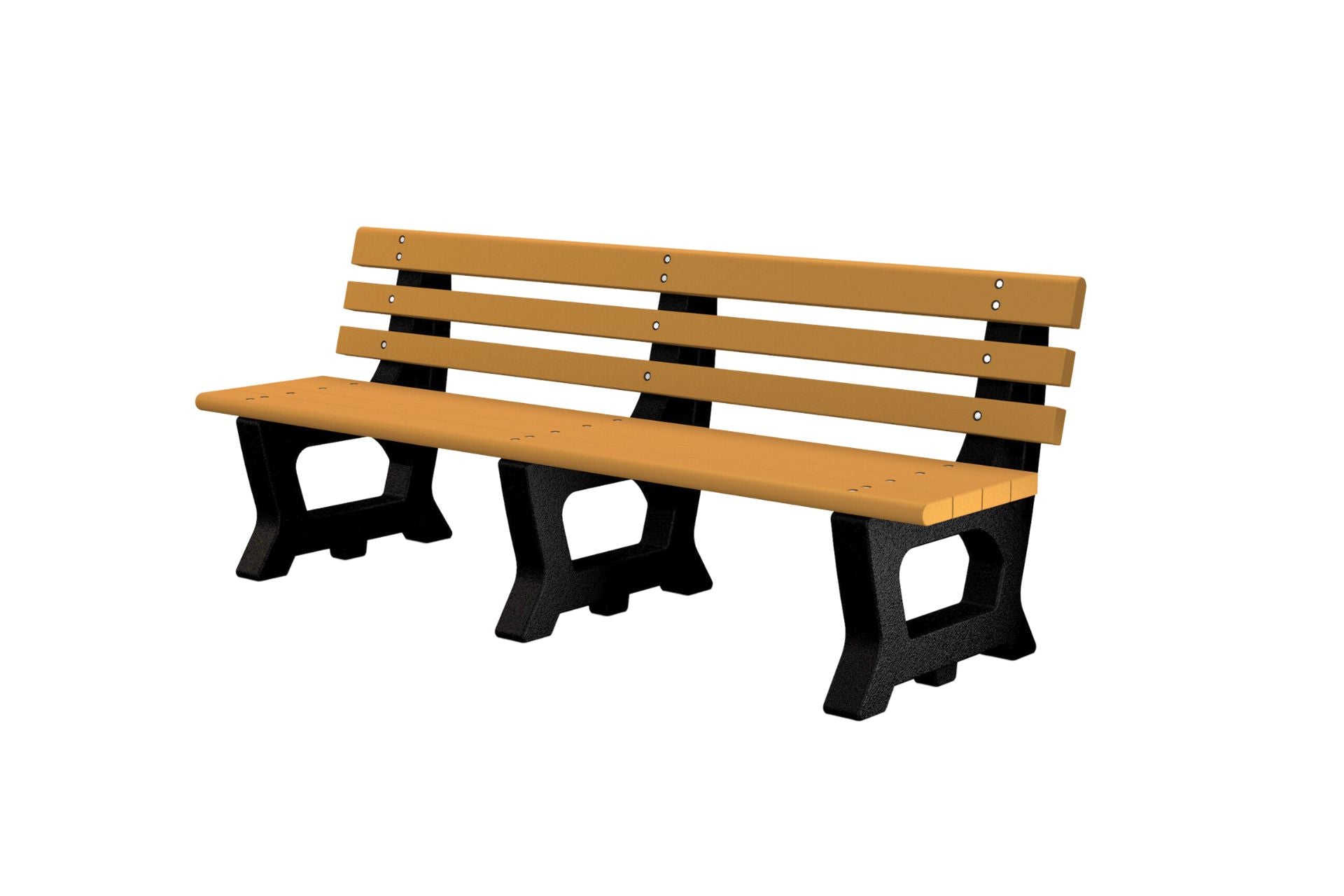 Brooklyn Recycled Plastic Park Bench with brown resinwood slats and black heavy-duty aluminum frame, outdoor seating