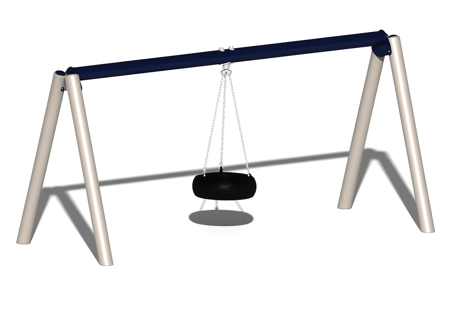 Tire Swing with black tire suspended by chains on sturdy metal frame, commercial playground swing set for active play and coordination