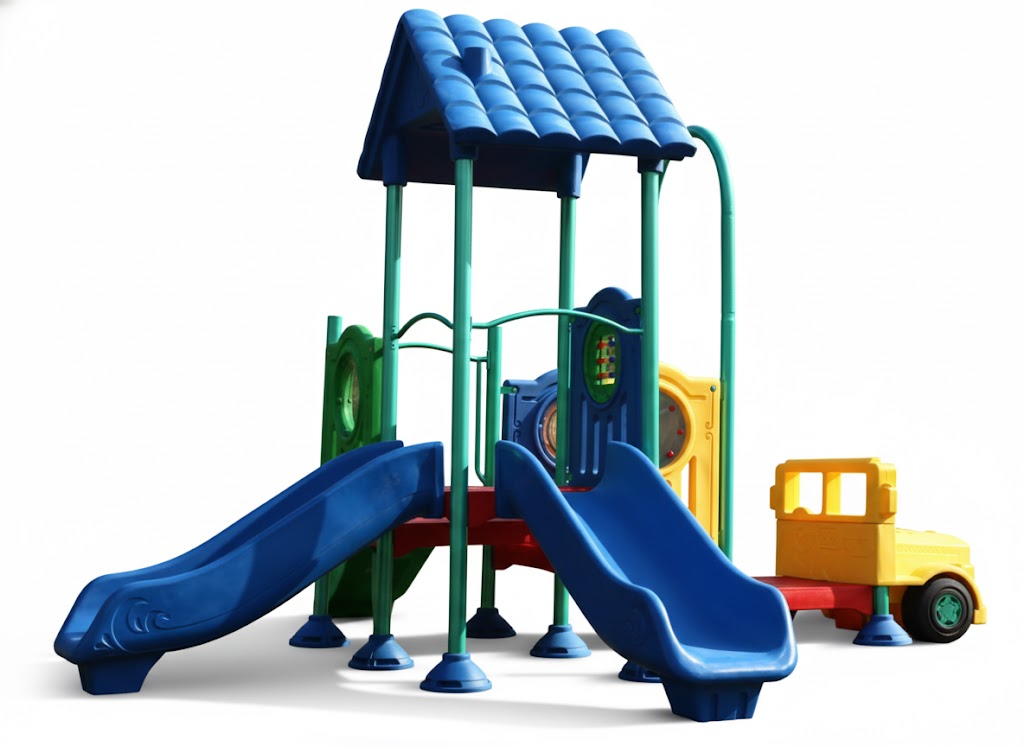 Christopher Columbus Explorer Center Early Childhood Playground with blue slides, yellow play truck, green support poles, outdoor playset features explorer-themed activities and climbing elements