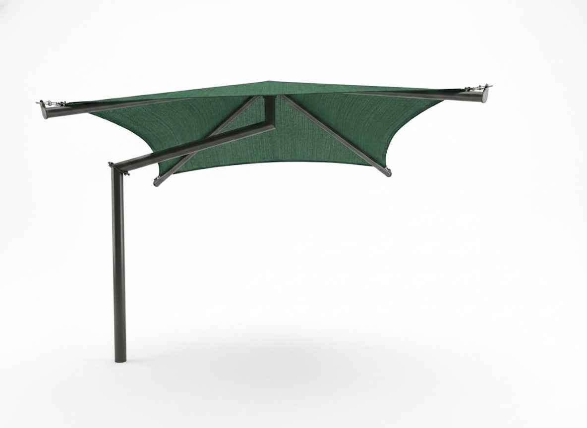 Single Post Pyramid Cantilever Shade Structure with green UV-blocking fabric and dark gray metal post over playground equipment